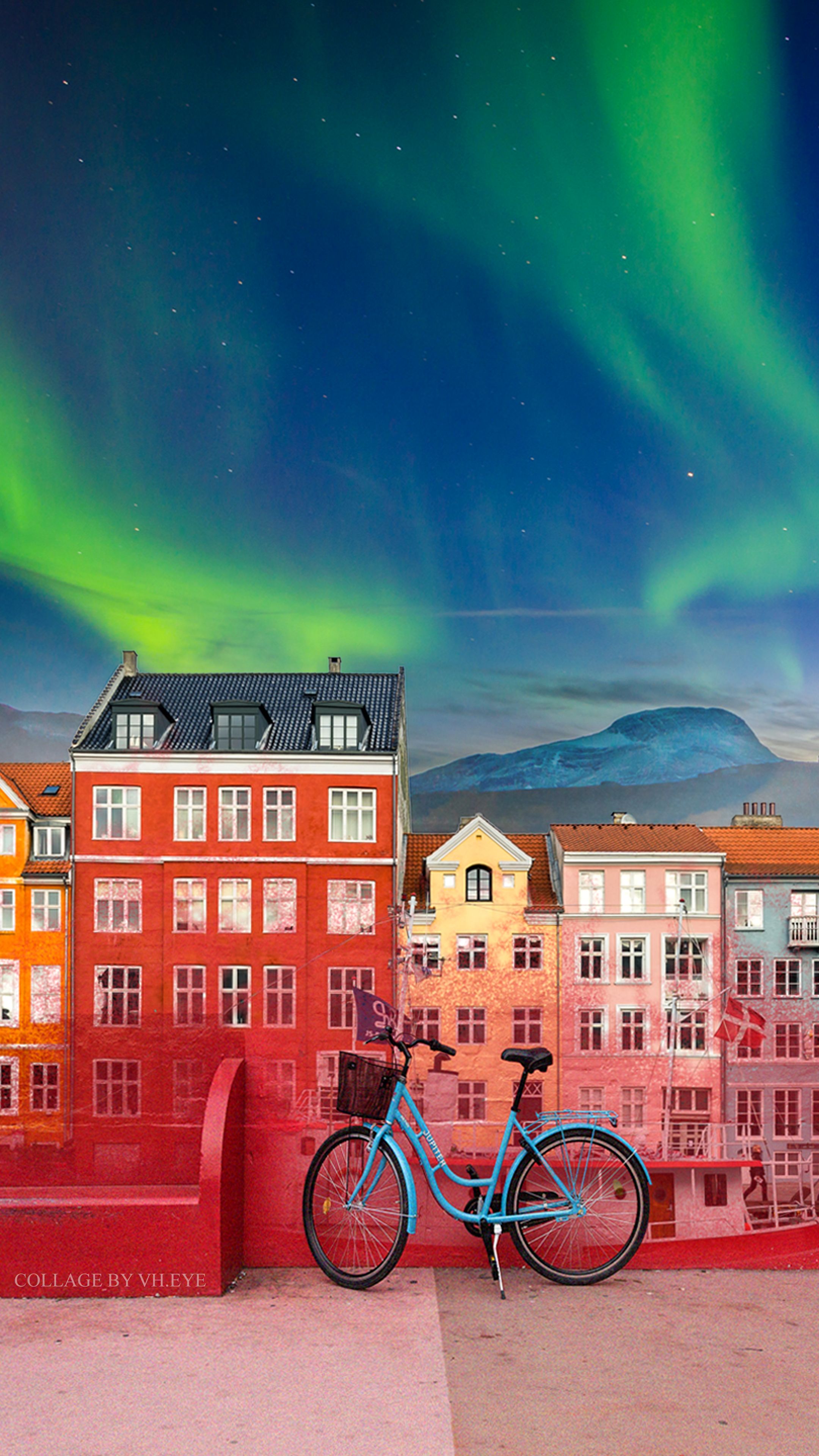 2160x3840   Дания Красная краска Красные лодки Синие велосипеды Плакат Иллюстрация Обои iPhone / Android -… | Цифровое искусство коллажа Северное сияние (северное сияние) Коллаж 