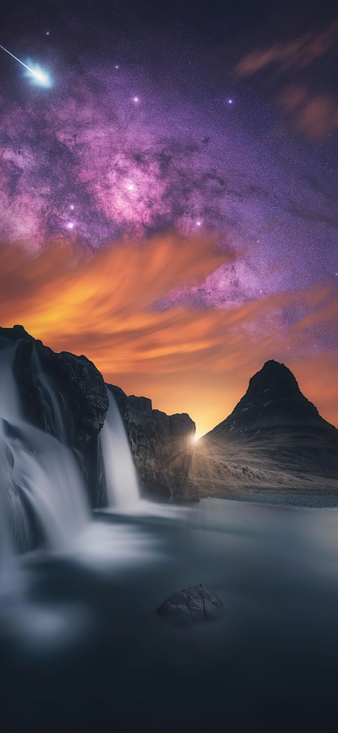 1125x2436  1125x2436 Waterfall светящиеся Sky Stars Mountains 5K iPhone XS, iPhone 10, iPhone X HD 4K обои, изображения, фоны, фотографии и картинки