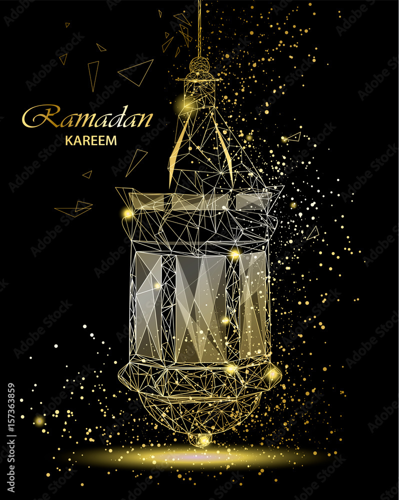 798x1000  Рамадан Карим Красивая поздравительная открытка с традиционным арабским фонарем. Полигональное искусство на черном фоне. Пользуемое для Ид Мубарак. Сток-вектор stock-veptorgrafik | Adobe Stock
