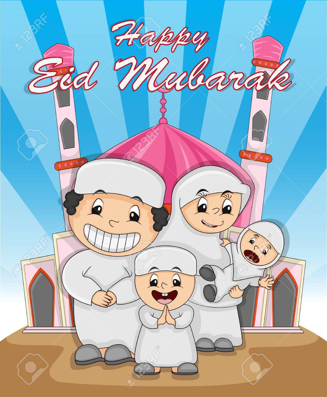 1072x1300  Happy Eid Mubarak с мусульманской семьей и фоном мечети с Cartoon Vector иллюстрацией Blue Sky. Изображение 130843232.