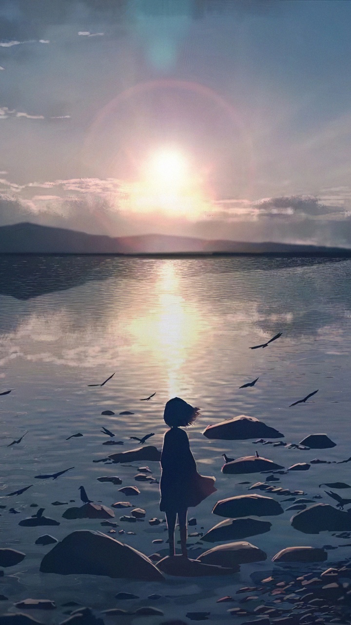 720x1280  Обои одинокое аниме, аниме, цифровое искусство, вода, облако для HD Samsung  Galaxy S3/J3/J4/J5, Meizu M5, Sony Xperia L1/L2 бесплатно, заставка  720x1280 - скачать картинки и фото