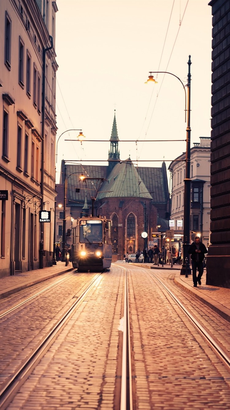 750x1334   Poland Krakow tram church city street 750x1334 iPhone 8/7/6 / 6S wallpaper background image image