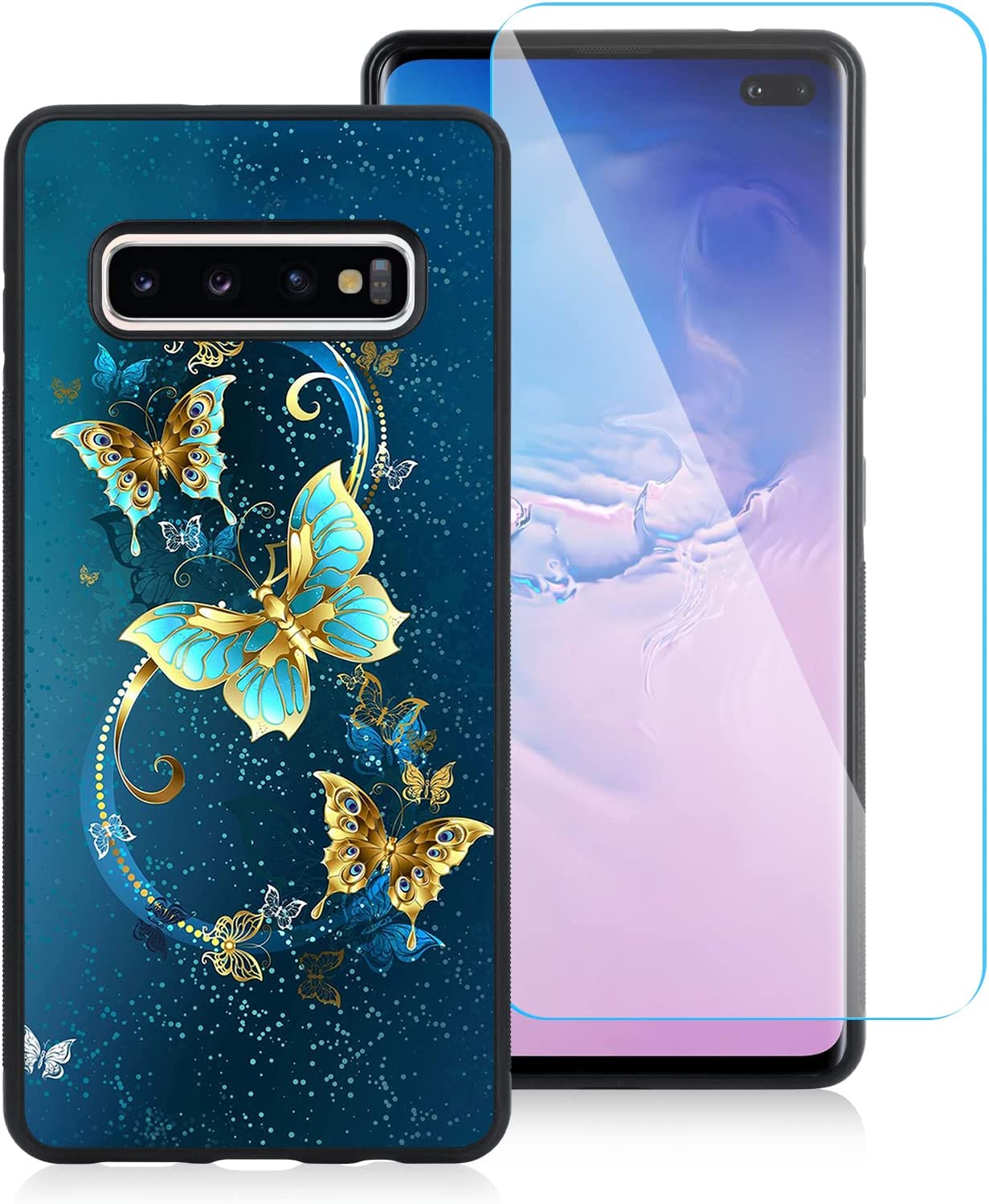 1231x1498  Купить совместимый с Samsung Galaxy S10 Plus 6,4 -дюймовый корпус [встроенный встроенный экранный защитник], милый синий дизайн бабочек с жестким компьютером обратно против Slip Shock -Resect