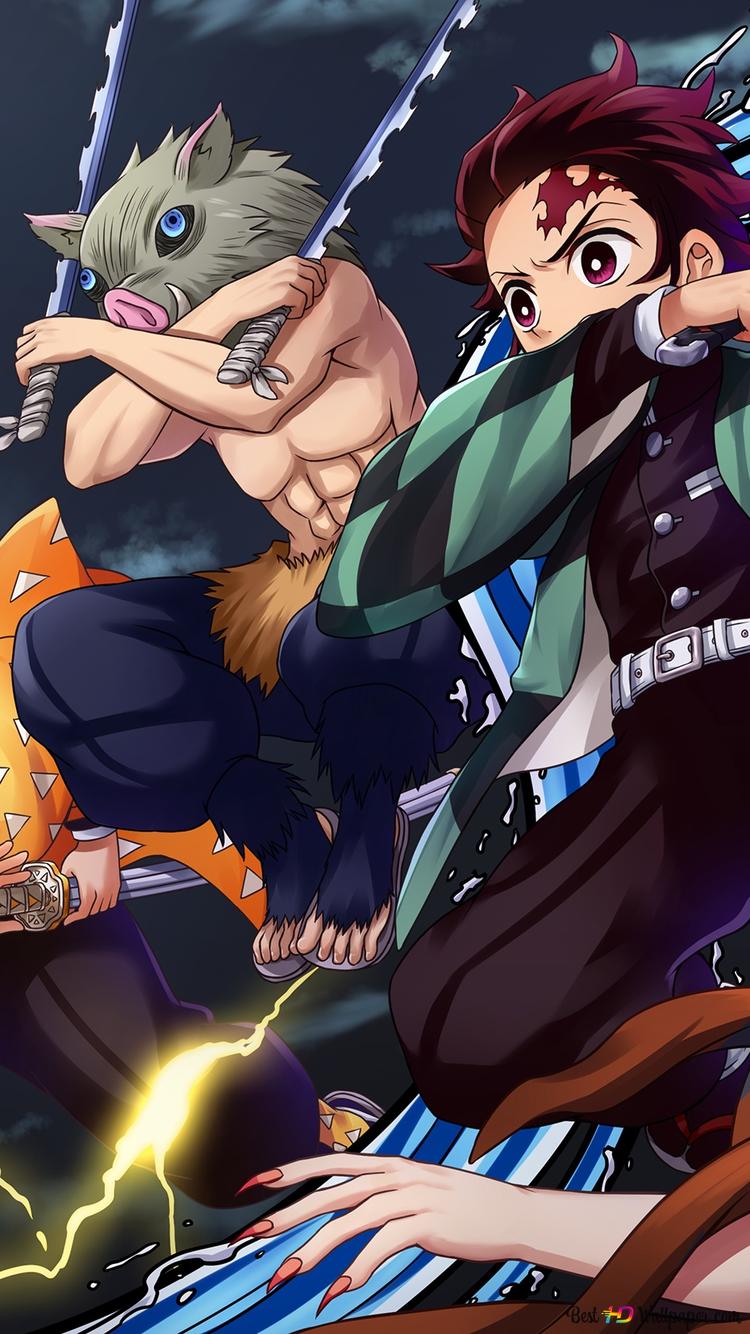 750x1334  Slayer Demon: Kimetsu no Yaiba - Zenitsu Agatsuma, Inosuke Hashibira, Tanjiro Kamado \ U0026 Nezuko Kamado 2K Скачать обои.