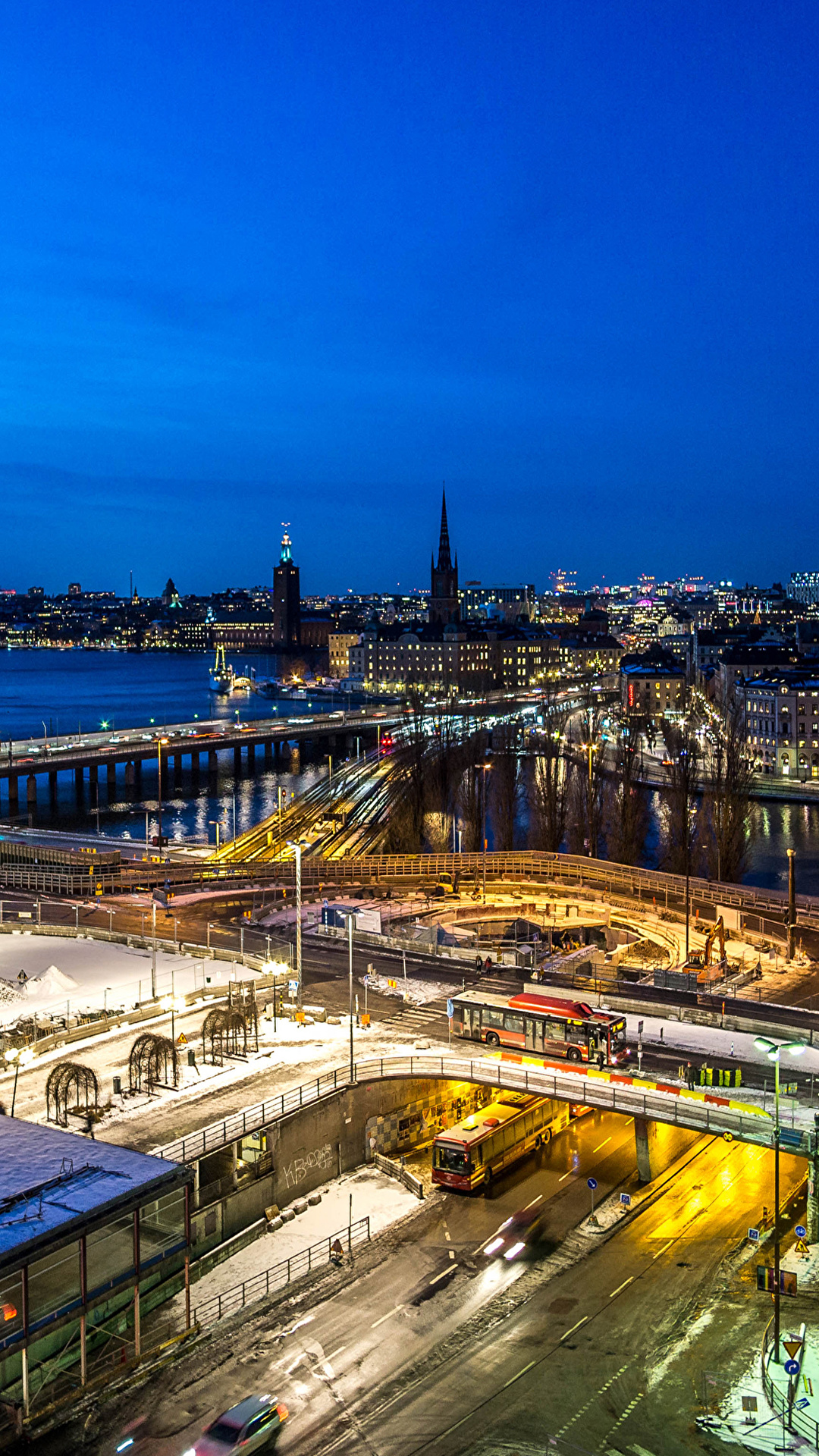 1080x1920  Images Стокгольм Швеция Дороги Реки Сверху в ночное время 1080x1920