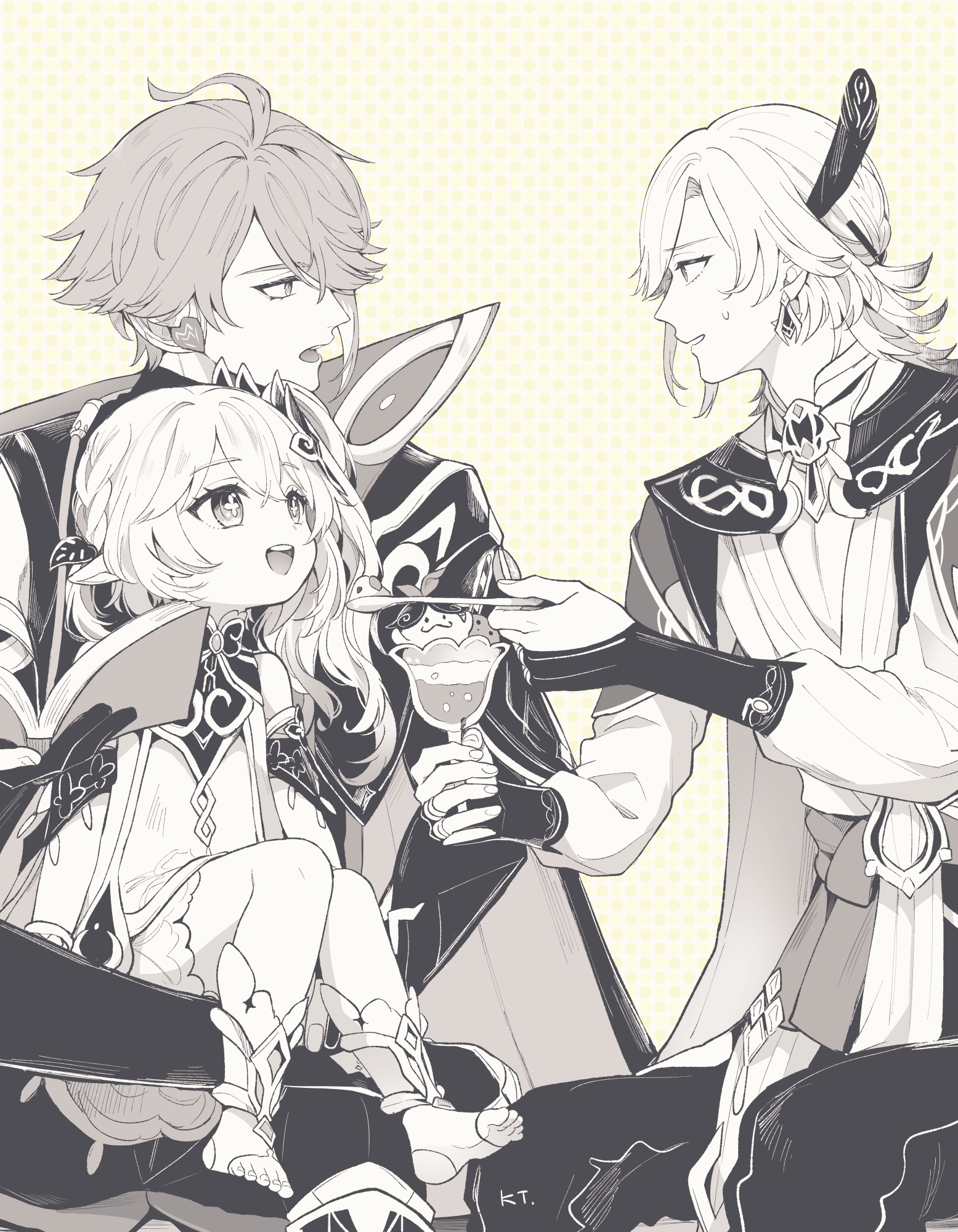 1555x2000  Safebooru - 1girl 2boys: D Ahoge Alhaitham (Genshin Empact) Aranara (Genshin Excter) Имя художника голые плечи Черные перчатки Черные брюки Черная рубашка кабельная плащная плащ.