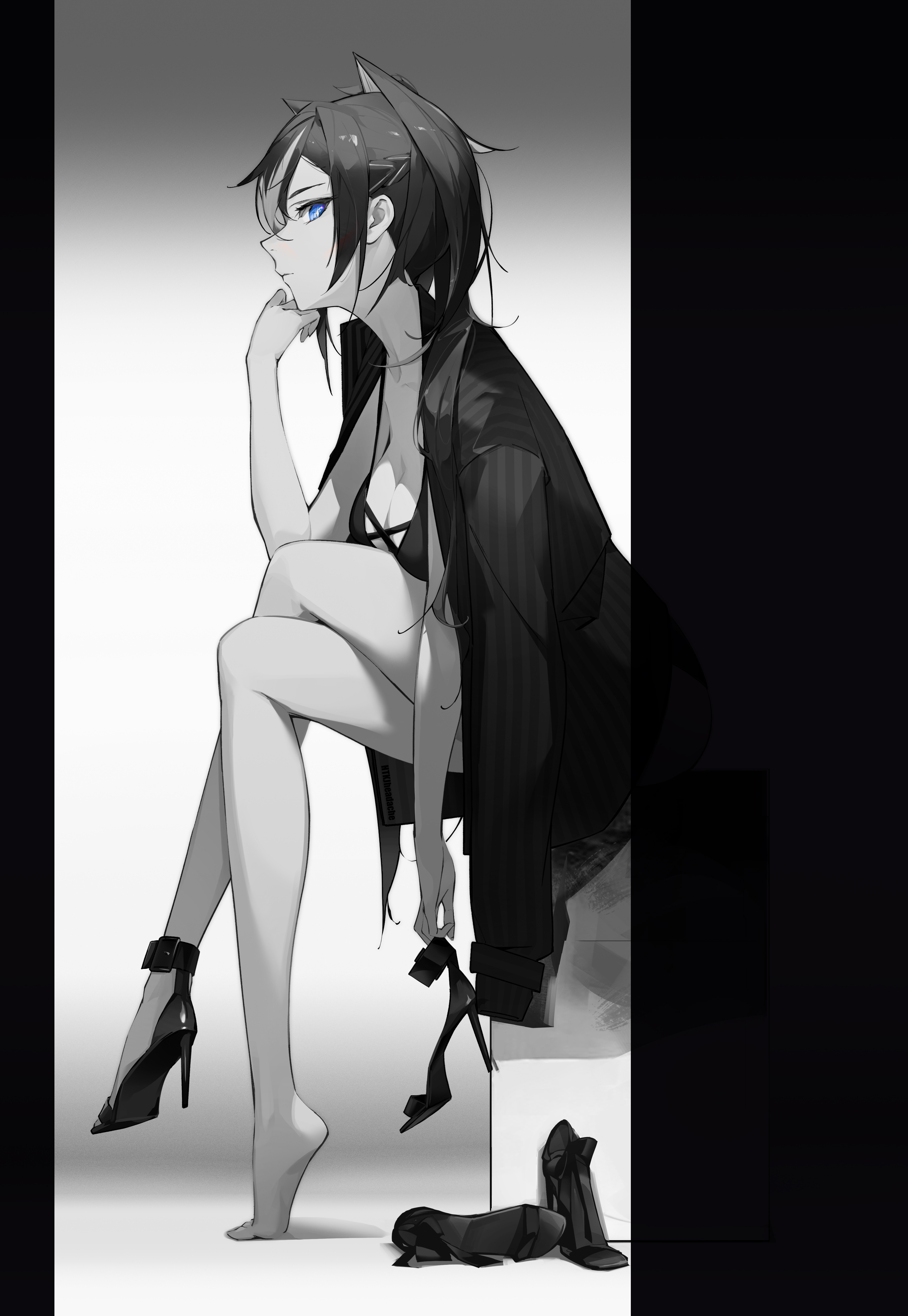 3453x5000  Обои: удар Геншина, произведения искусства, дехя геншин, аниме -девушки, черные волосы, голубые глаза, черные бюстгальтеры, расщепление, костюмы, высокие каблуки, кошачьи уши, кошачья девочка, голая, вертикальная, htkjheadach Wallhere