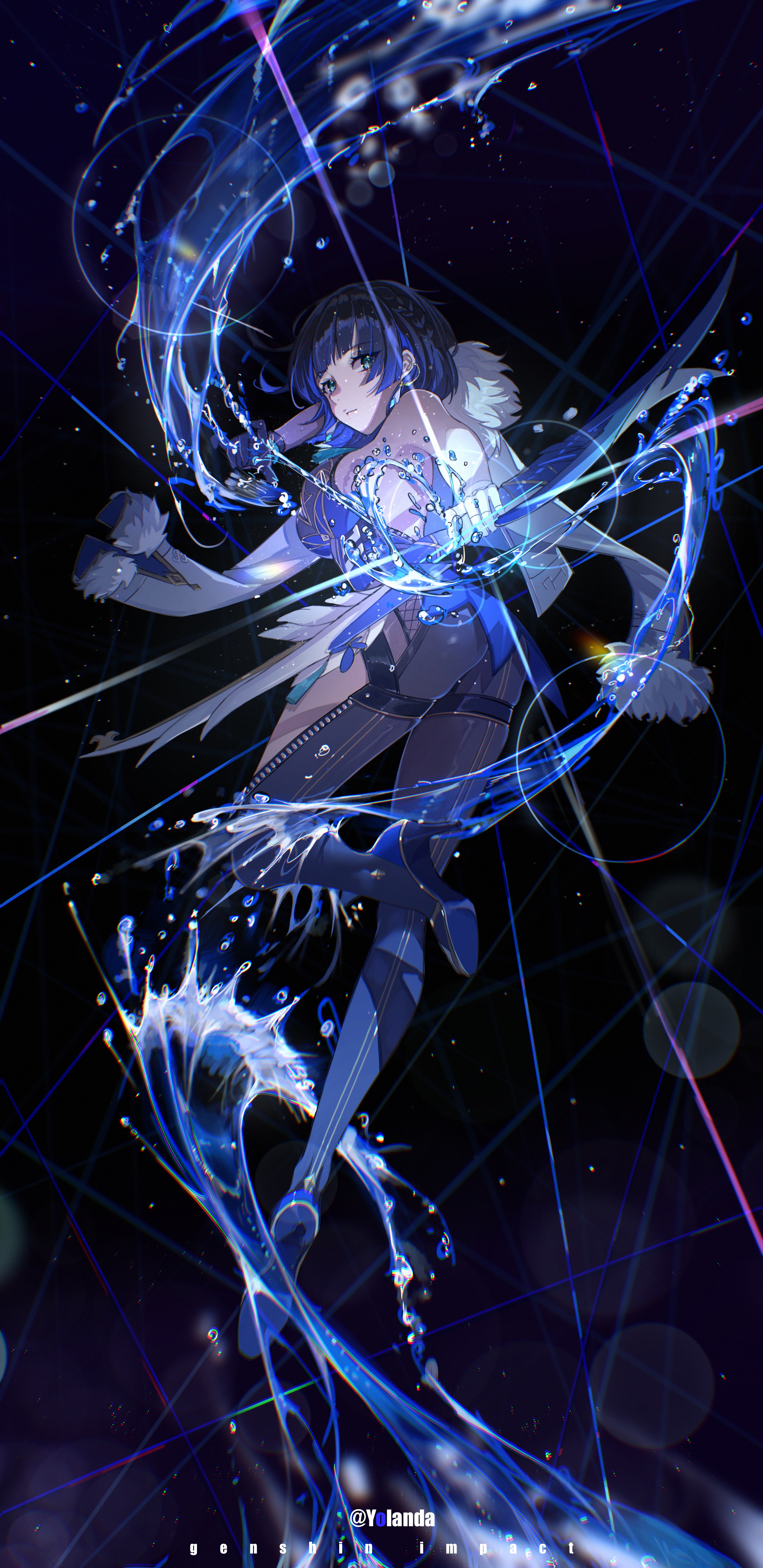 2742x5633  Обои: аниме девочки, черный фон, вода, удар Геншина, Элан Геншин Эффект 2742x5633 - Бутылка Киллера - 2162185 - HD обои - Wallhere