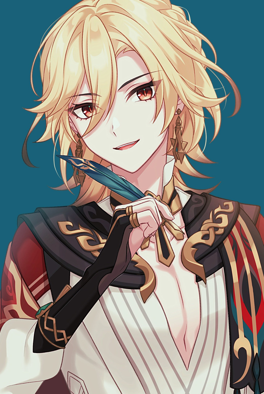 850x1264  Safebooru - 1 -йби светлые волосы синие фона серьги перья перья геншина ударные перчатки Highres Jewelry Kaveh (Genshin Impact) Мужской фокус открытый рот Pochimaru (Marumaru Wanwan) Рубашка Рубашка Рубашки Короткие волосы белая рубашка | 4361851