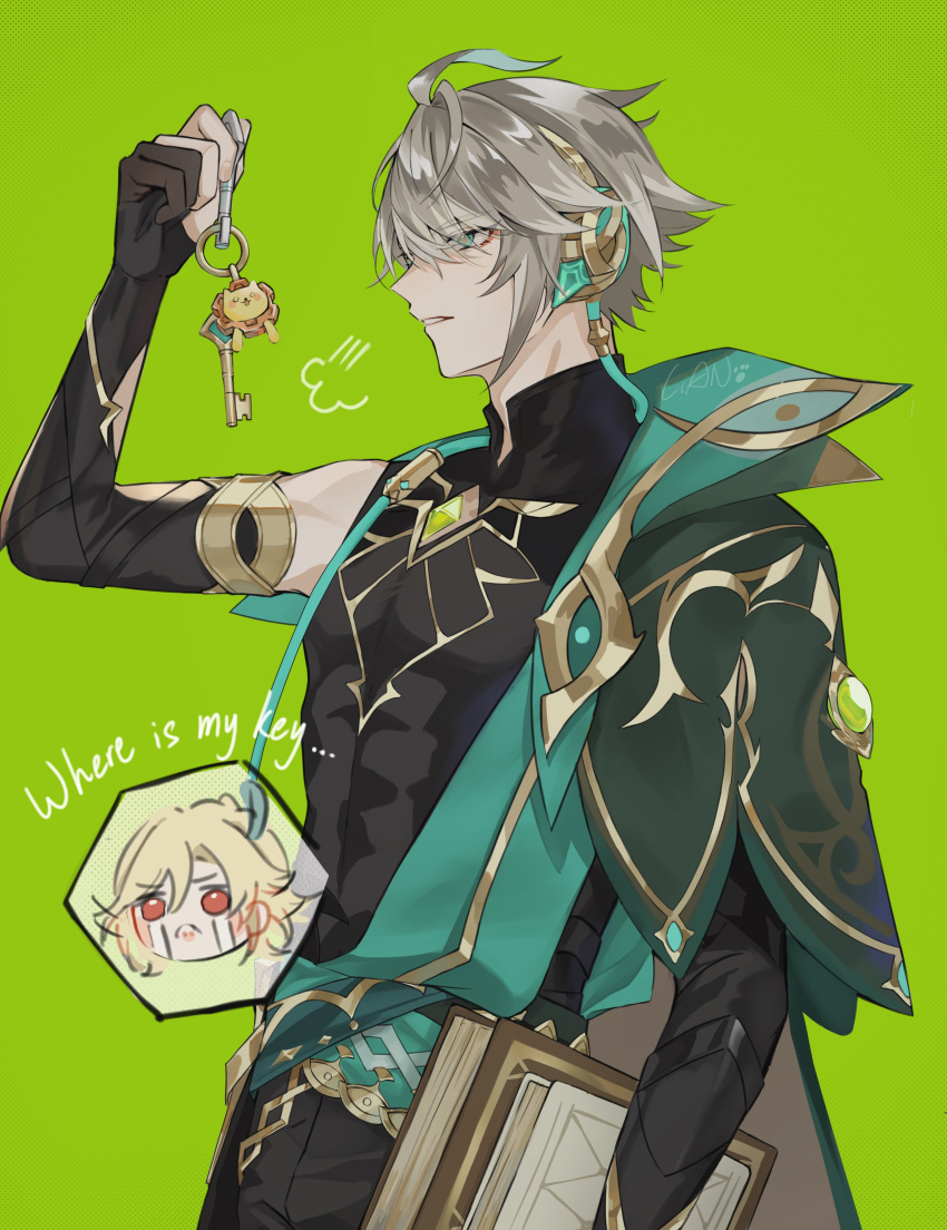 850x1104  Safebooru - 2 -й кувшины Абсурдс Ахоге Алхайтам (удар Геншина) Голые плечи Черные перчатки Черные брюки Черные рубашки светлые волосы голубые мысы Голубые глаза Голубые волосы