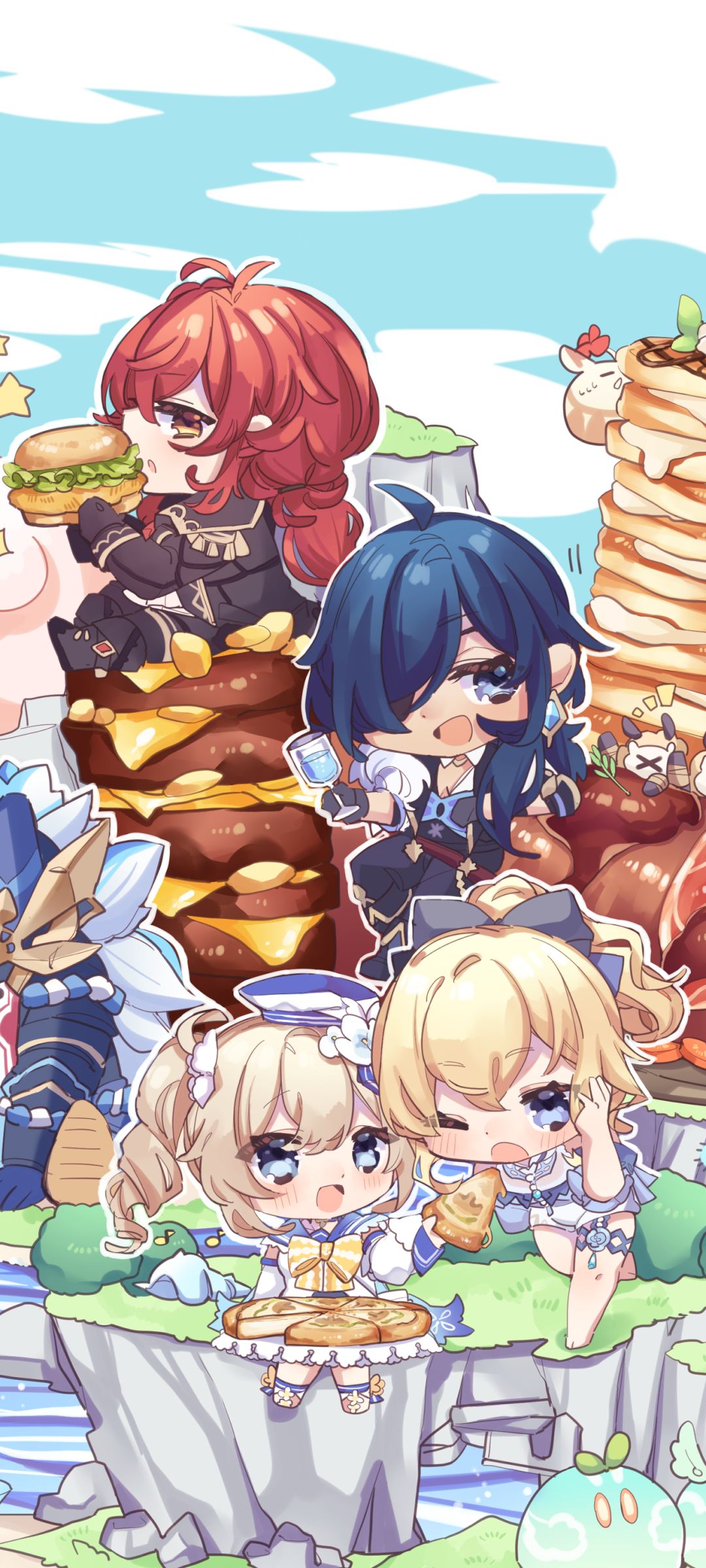 1080x2400  Мобильные обои: видеоигра, Чиби, Геншин Эффект, Барбара (Genshin Impact), Diluc (Genshin Impact), Paimon (Genshin Excte), Kaeya (Genshin Excte), 1411962 Загрузите изображение бесплатно.