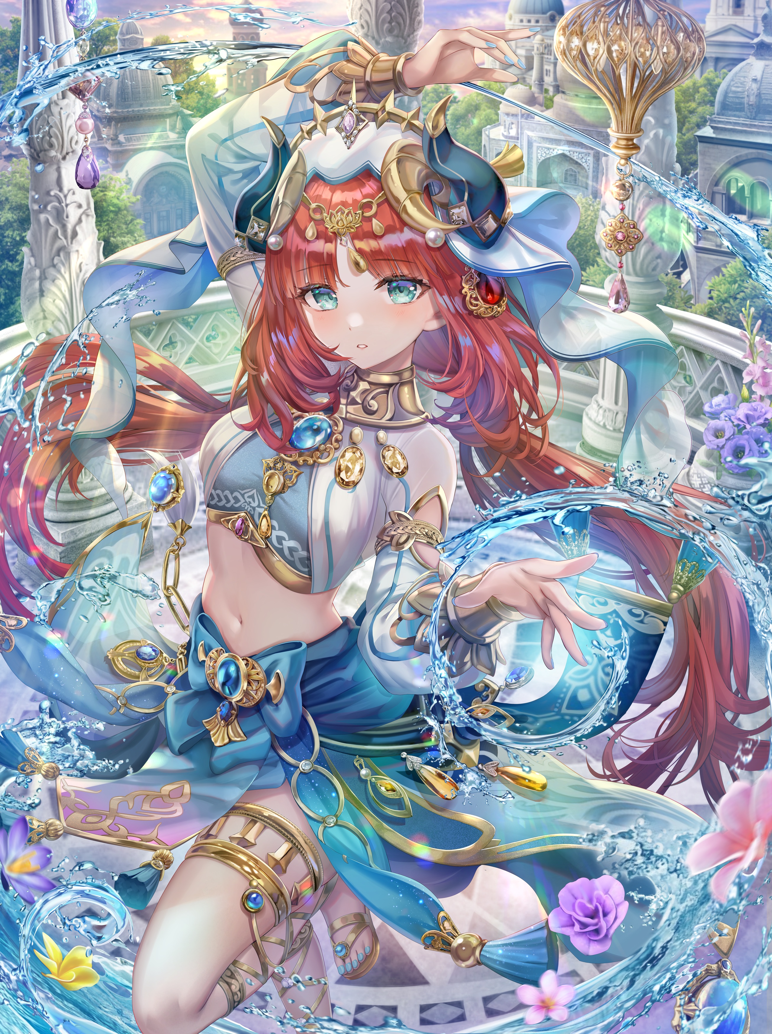 2612x3500  Нилу (удар Геншина), рыжий, голубые глаза, Турино Акуа, аниме, аниме -девушки, удар Геншина, цветы, вода | 2612x3500 Обои - Wallhaven.cc