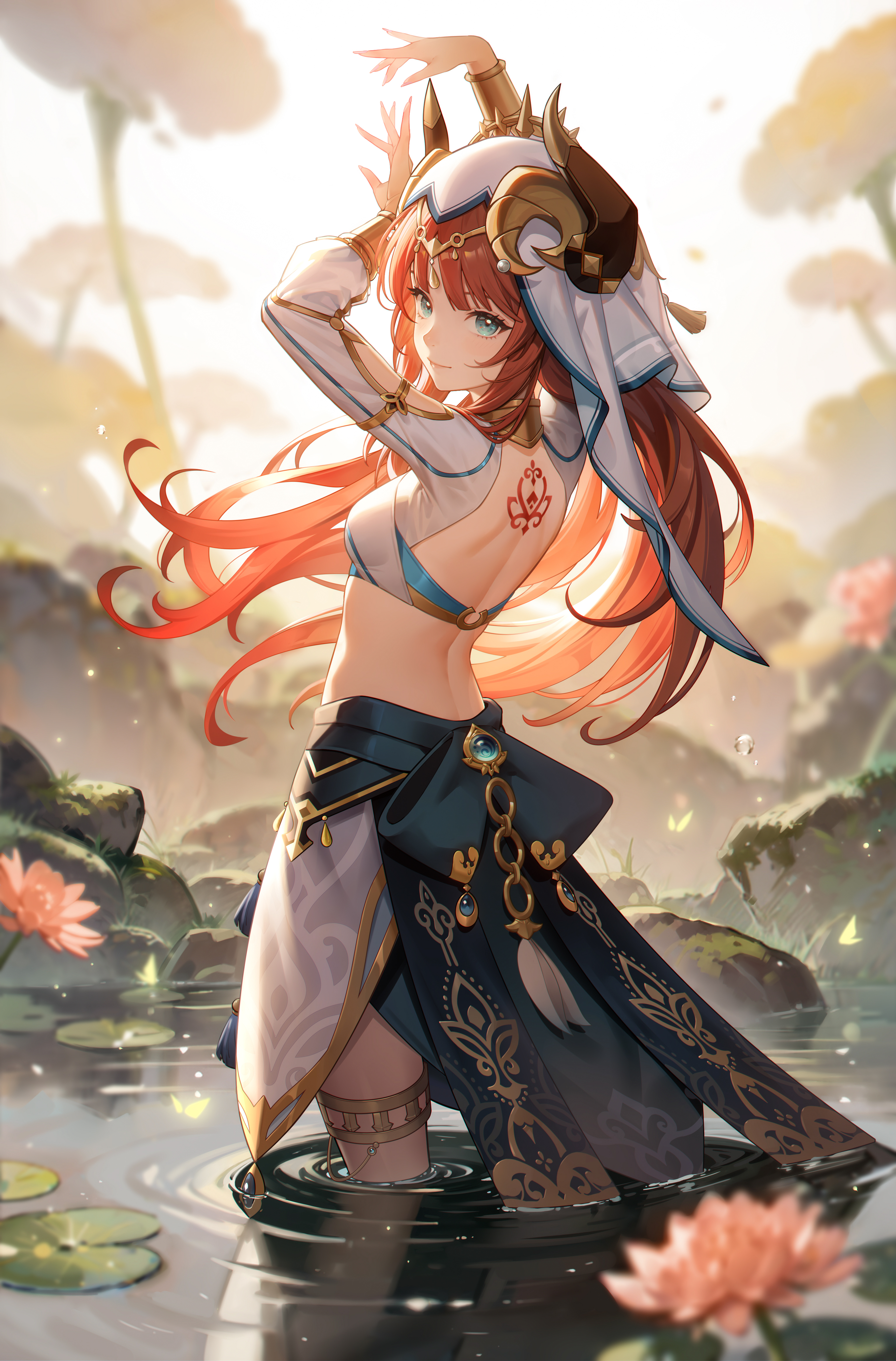 3072x4664  Обои: Аниме девушки, удар Геншина, видеоигры, Нилу Геншин удар, 95, ткань подвязки, рога, без бюстгальтера, тату