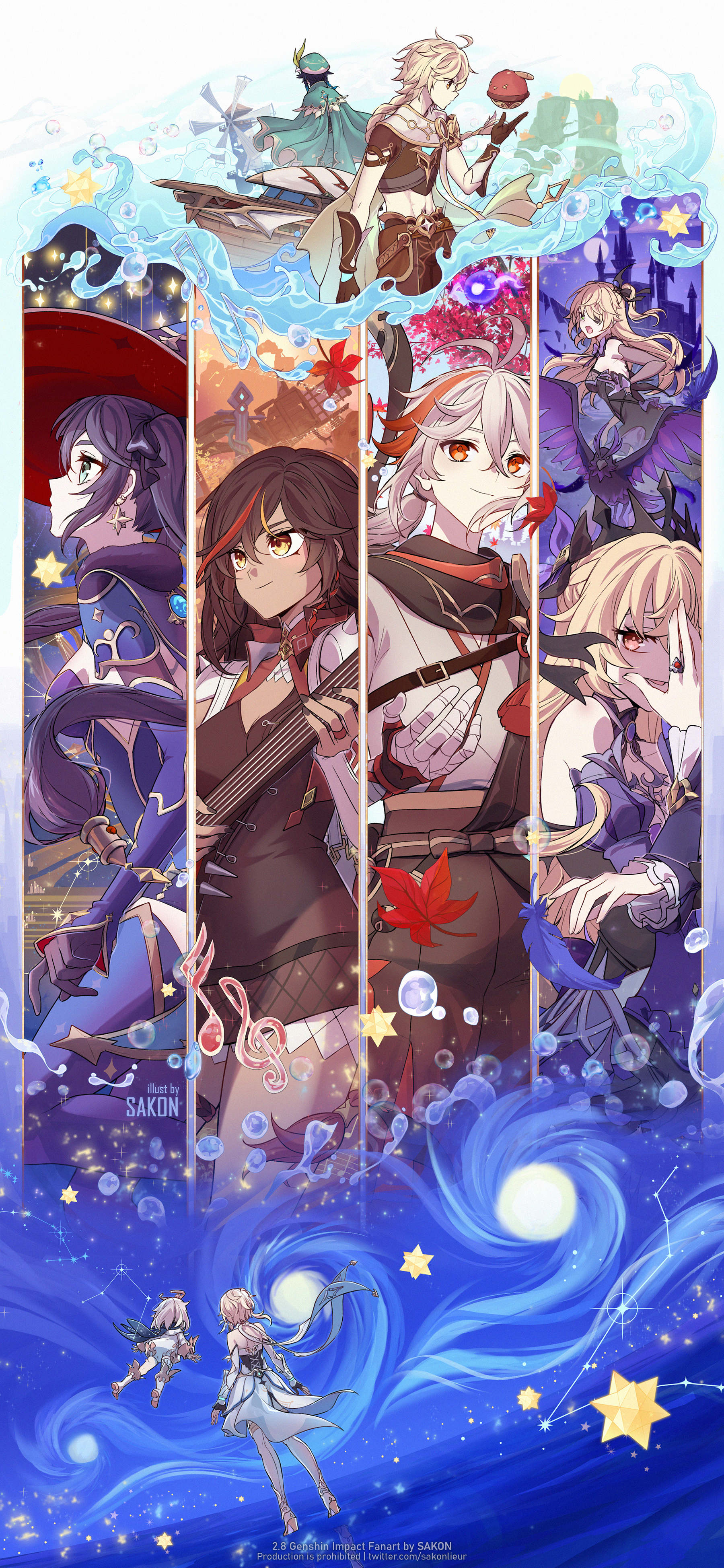 1800x3898  аниме -игры, аниме -девушки, воздействие геншина, Fischl (Genshin Empact), Xinyan (Genshin Empact), Kaedehara Kazuha (Genshin Empact), Mona (Genshin Empact), Ether (Impact Genshin), Venti (Genshin Empact), Lumine (Genshin Lick ), Паймон (удар Геншина ...