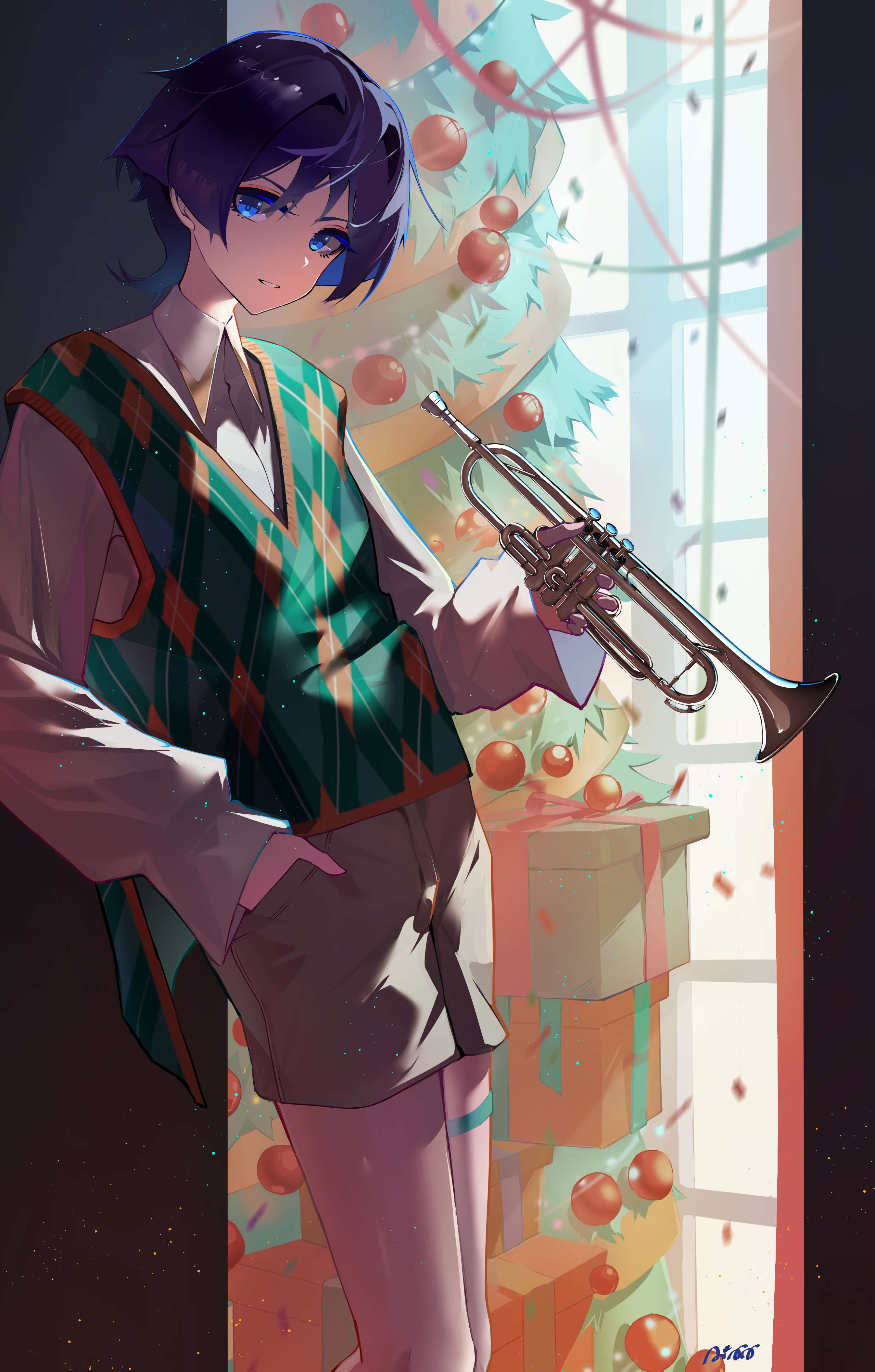 2694x4224  Обои Wanderer, Genshin Impact, Trumpet, Рождество 2022, подарочные коробки, Новый год - бесплатные картинки на Fonwall