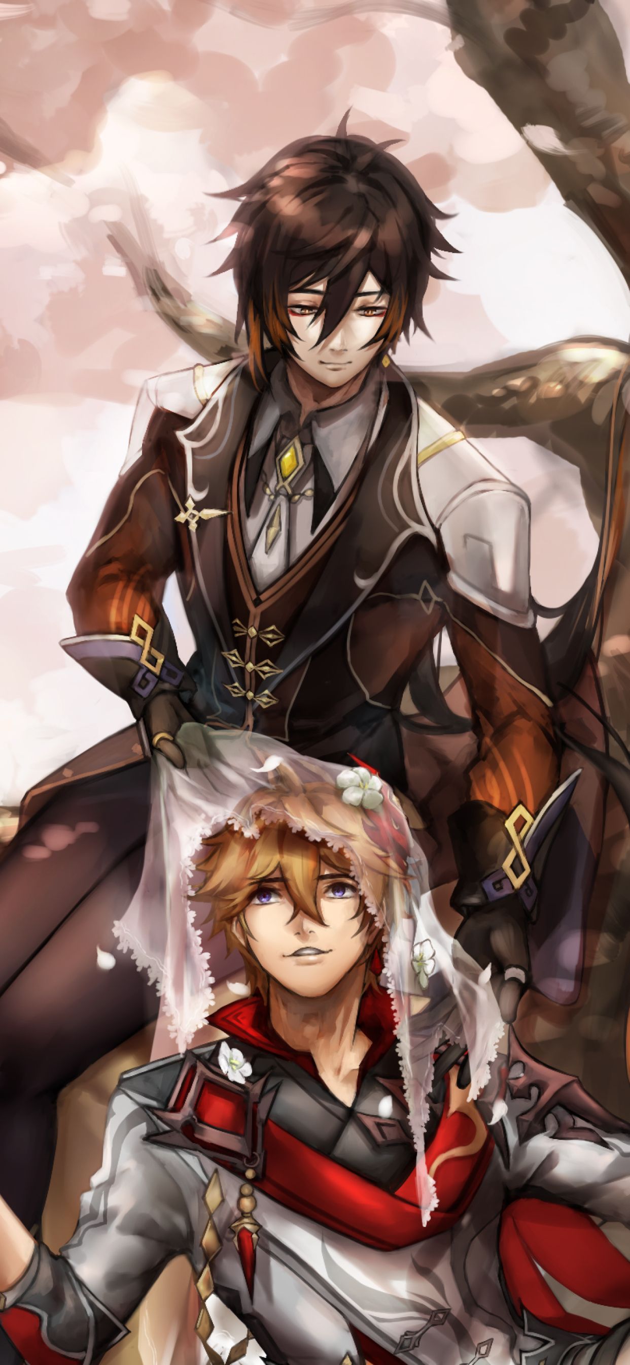 1242x2688  Childe и Zhongli обои - пещера обоев