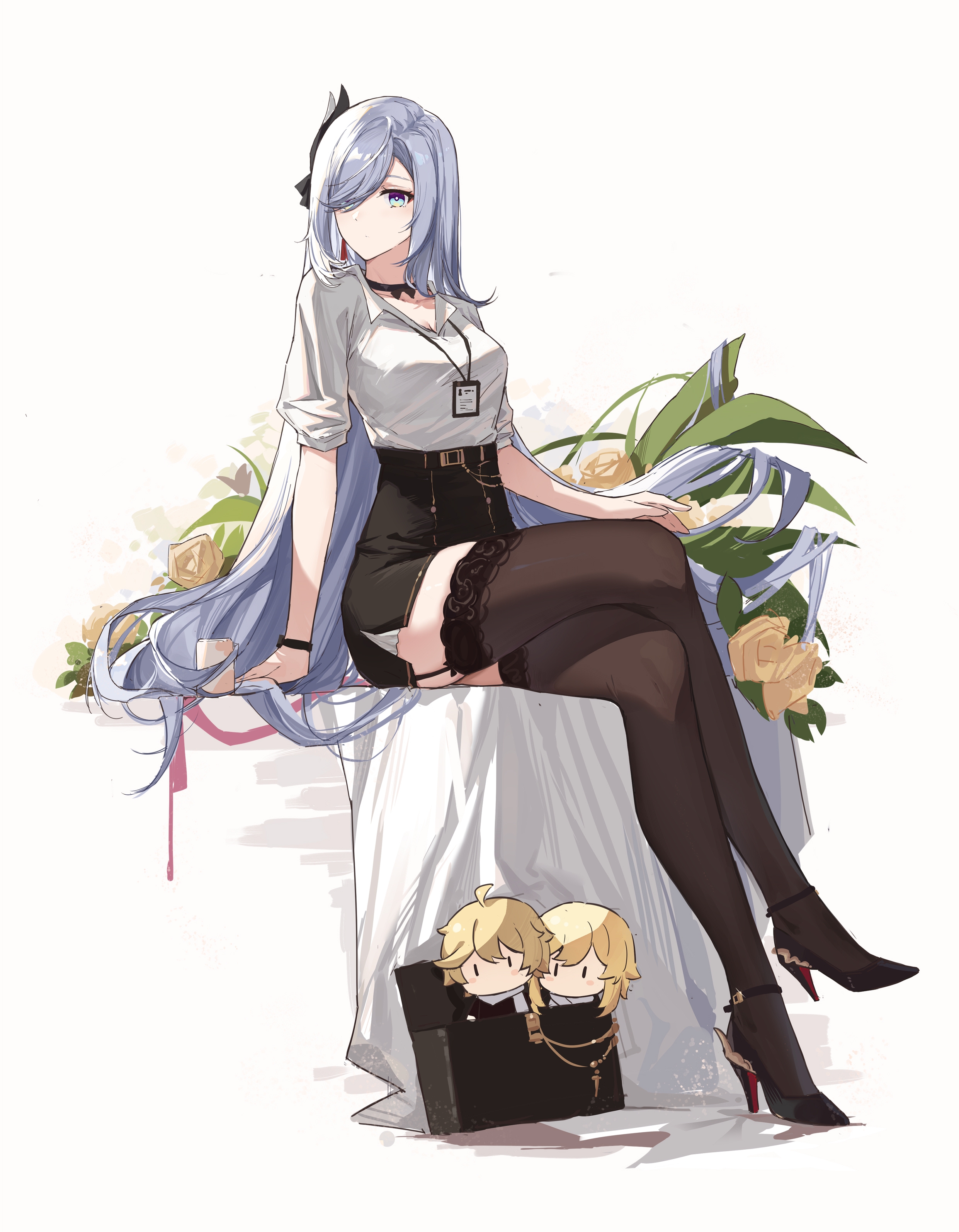 2482x3189  Обои: Genshin Impact, произведения искусства, удар Shenhe Genshin, аниме -девушки, белые волосы, голубые глаза, офисные девушки, рубашка, черные чулки, юбка, высокие каблуки, яджу, один глаз, затрудненные 2482x3189 - Yukinoshita - 2178013 - HD Wallper