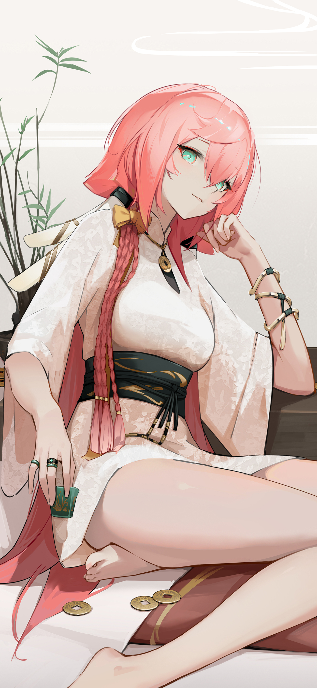 1290x2797  Обои: Влияние Геншина, произведения искусства, янфей геншин, аниме -девушки, розовые волосы, зеленые глаза, браслеты, кольца, босиком, растения, цветочный точ