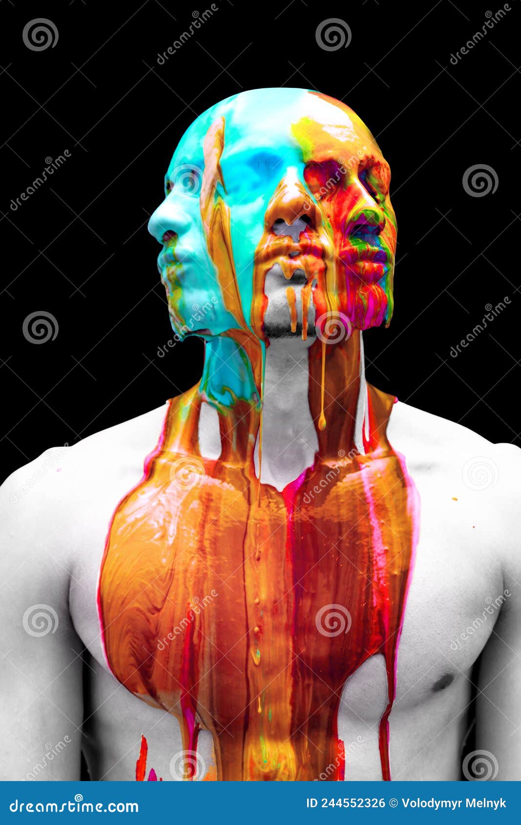 1067x1690  Современное произведение искусства. Молодой лысый человек, модель с обнаженной грудью, покрытую разноцветными красками, изолированными на черном фоне Стоковое фото - изображение фона, цвет: 244552326