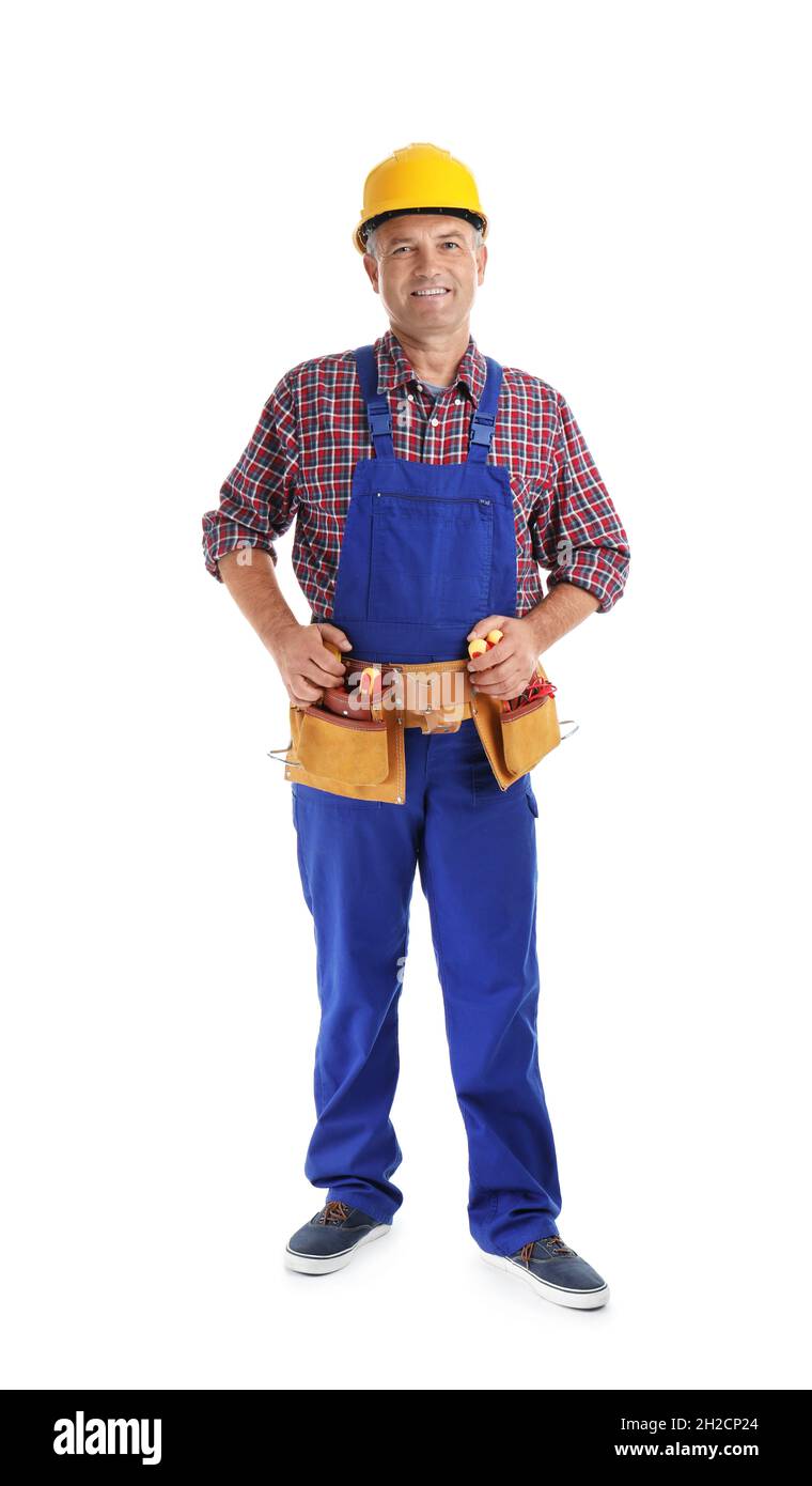 760x1390  Электрик с инструментами в форме на белом фоне Stock Photo - Alamy