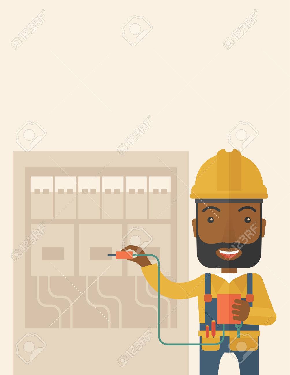 1004x1300  Черный электрик, носящий каску, ремонтирует электрическую панель. Современный стиль с пастельной палитрой, мягкий бежевый фон. Вектор плоской дизайн иллюстрация. Вертикальная планировка с текстовым пространством на верхней части.
