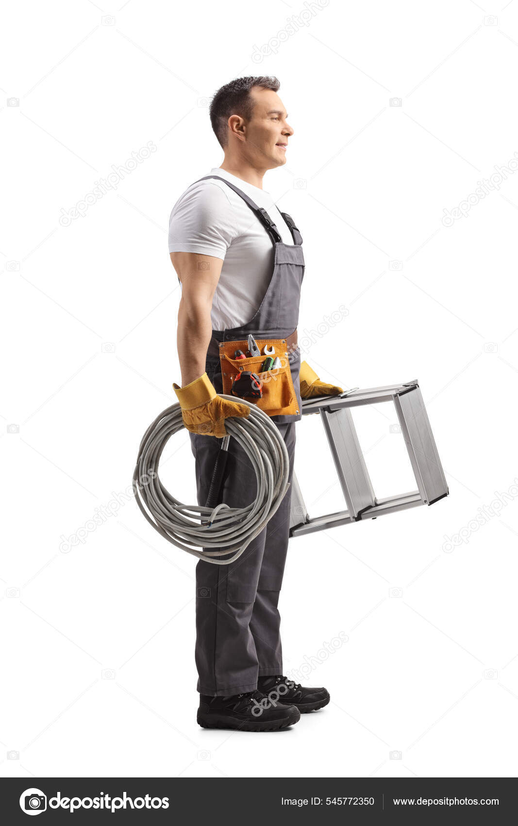 1067x1700  Электрик удерживает кабели, лестница изолированная белая фон стоковая фото от © ljsphotography 545772350