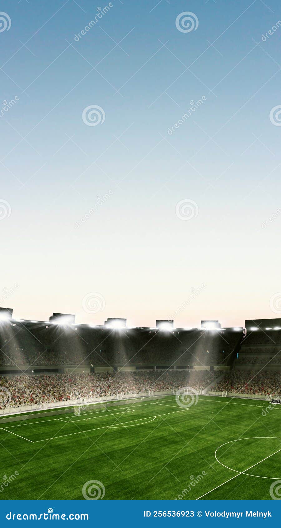 900x1690  Пустое большое футбольное поле с фонариками и солнечным облачным фонами неба. Стадион с заполненными стендами со спортивным изображением - изображение стадиона, чемпионат: 256536923