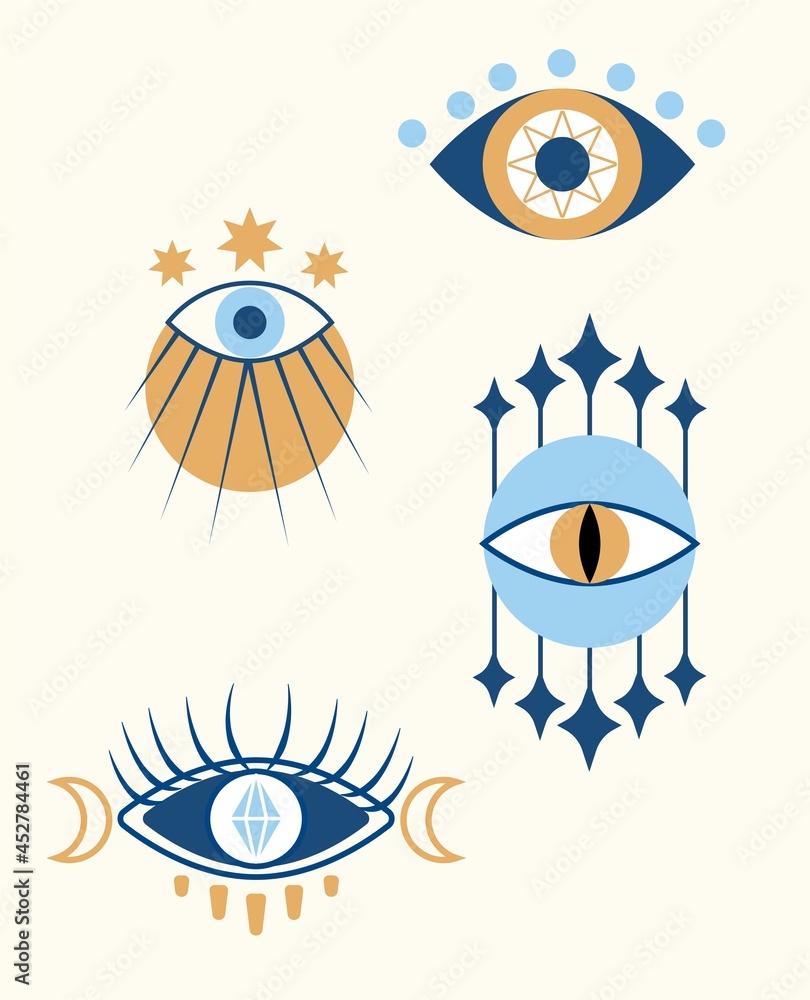 810x1000  Набор красочных злых оккультных глаз на белом фоне. Концепция магии, колдовства, шаблоны оккультного символа для украшения. Хамса Глаз, Карма, Волшебный глаз. Плоский мультипликационный вектор иллюстрация Stock-Vektorgrafik | Adobe Stock