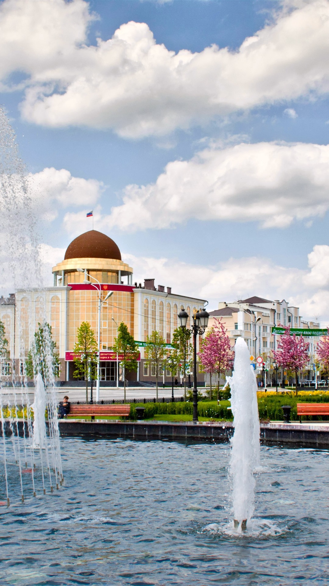1080x1920  Обои Чечня, город, здания, цветы, фонтан, облака 3840x2160 UHD 4K Picture, Image