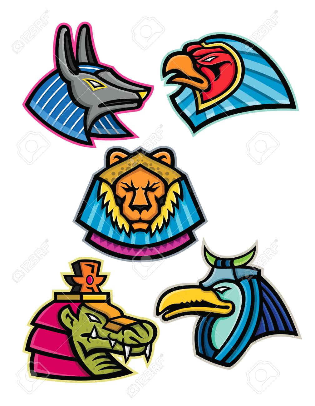 1009x1300  Иллюстрация икона талисмана набор голов древнихгипетских богов животных или божеств, таких как Anubis, Sun God Ra, Sekhmet, Soobek и Thoth, которые смотрят со стороны на изолированном фоне в стиле ретро. Безвозмездная