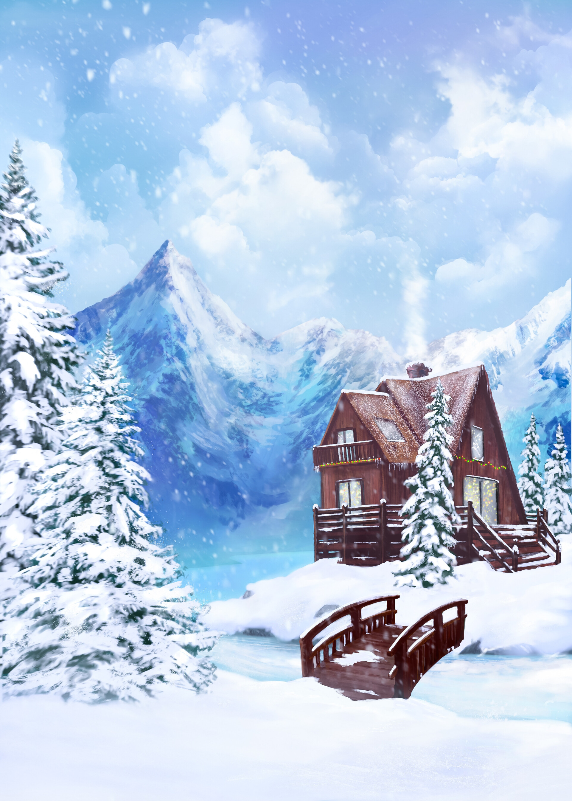 1920x2688  Мобильные обои: хижина, мост, горы, искусство, 90136 Скачать картинку бесплатно.