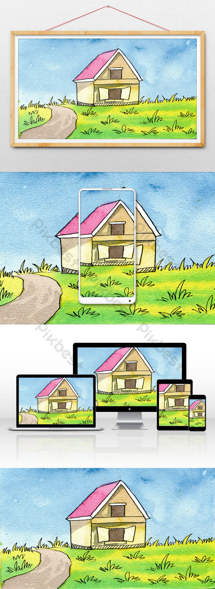 700x1915  Зеленое голубое акварельное рисунок Фон лето свежий ландшафтный ландшафтный иллюстрация | PSD скачать бесплатно - pikbest