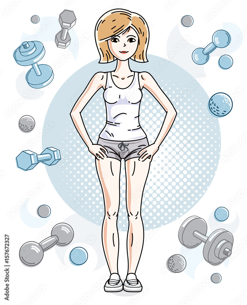811x1000  Молодая красивая блондинка спортивная женщина, стоящая на простом фоне с гантелями и штангами. Векторный персонаж в шортах и ​​футболке. Спортивная и фитнес -тема. Сток-векторграфик | Adobe Stock