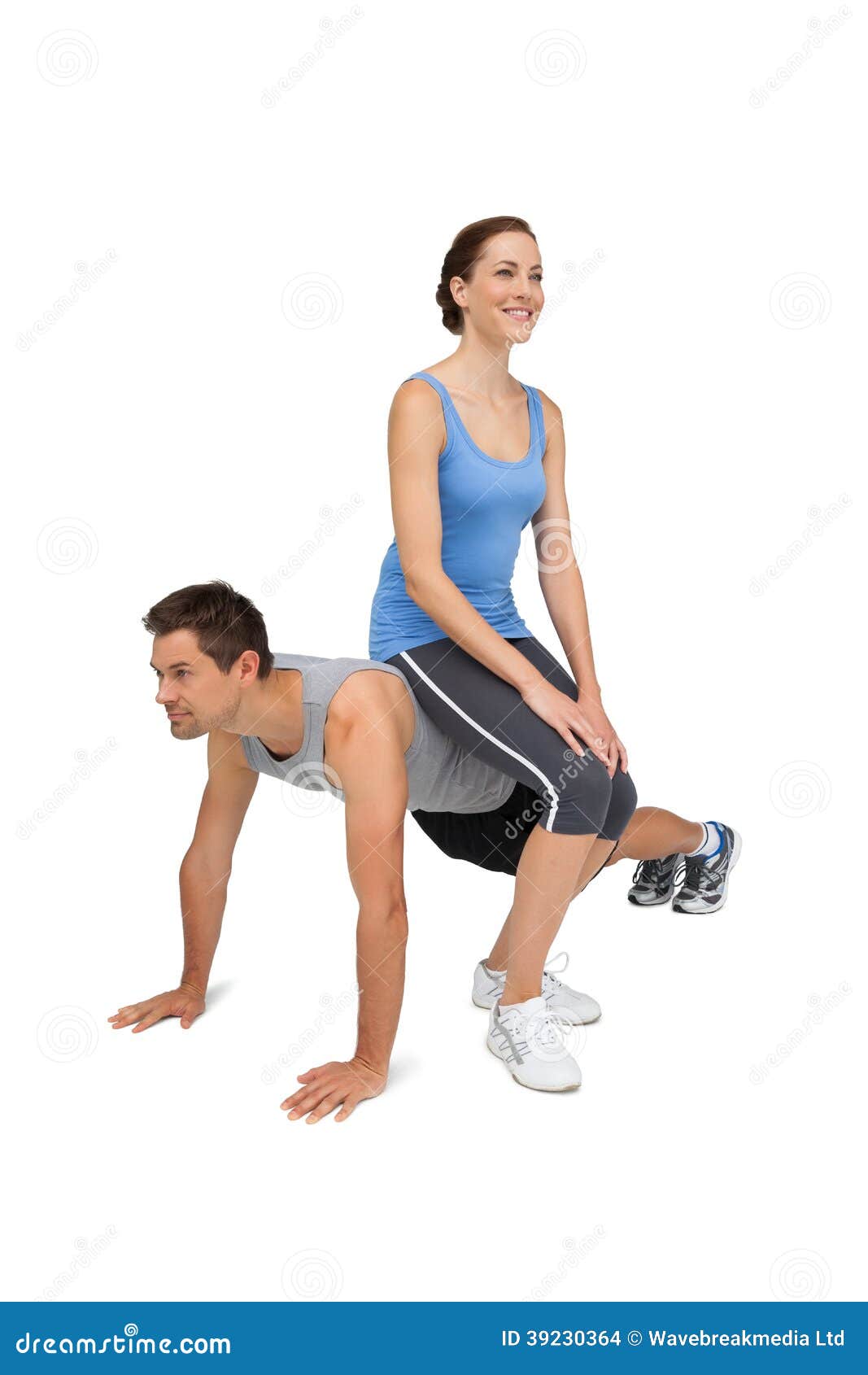 1067x1690  Женский тренер, сидящий на мужчине, как он делает отжимания stock photo - изображение инструкторов, фон: 39230364