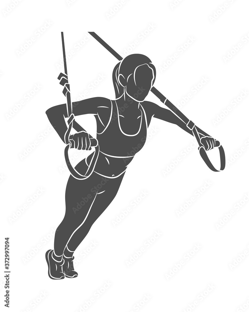 800x1000  Silhouette Young Sportive Woman делает отжимания, используя фитнес-ремни TRX на белом фоне. Vector Illustration Stock-Vektorgrafik | Adobe Stock