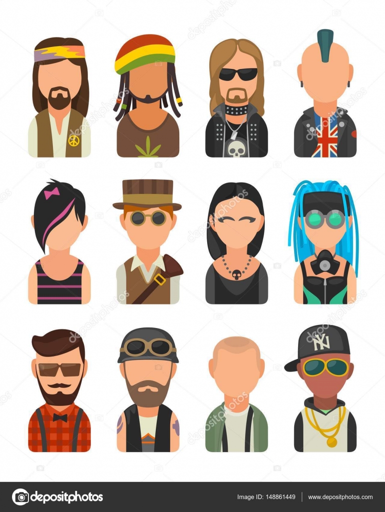 771x1024  Установите значок разных субкультур, люди. Хипстер, рапер, эмо, растафариан, панк, байкер, гот, хиппи, металхед, стимпанк, скинхед, кибергот. Иллюстрация акций © denispotysiev #148861449