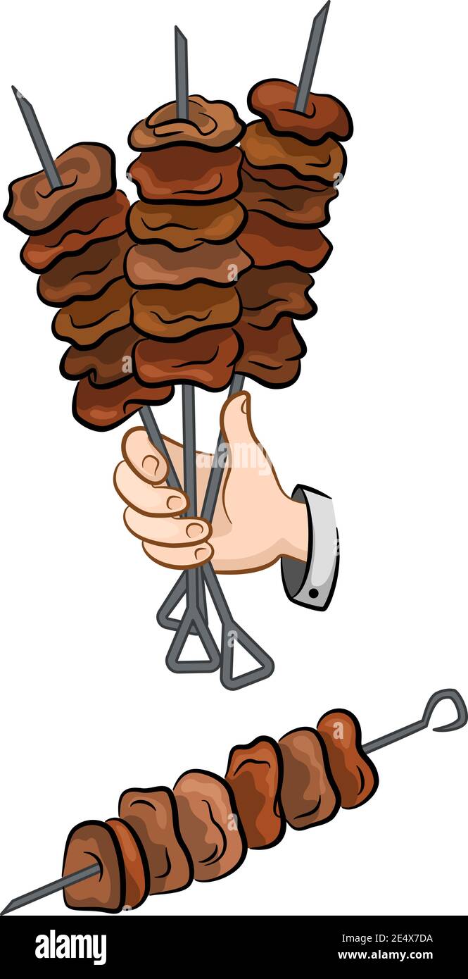 665x1390  Рука держит шампуры с жареным мясом, традиционным барбекю для еды, стейками, шашбабом или шашликом. Изолирован на белом фоне. Векторное векторное изображение \ u0026 Art - Alamy