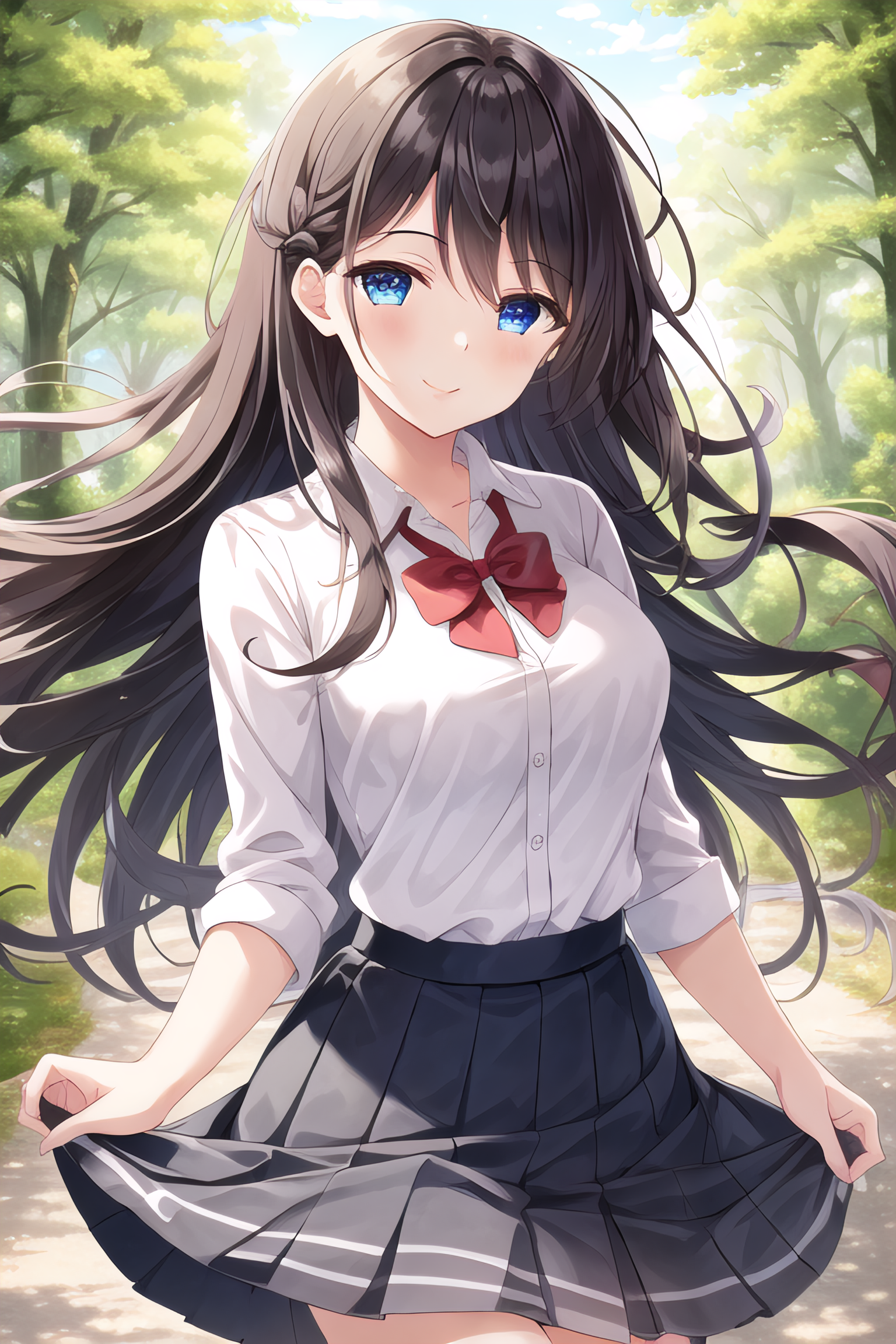 1536x2304  Обои: аниме девушки, длинные волосы, оригинальные персонажи, соло, произведения искусства, цифровое искусство, школьная форма, вертикальная, школьница, галстук -бабочка, улыбающаяся, подъемная юбка, AI Art 1536x2304 - Adrian500126 - 2216092 - HD Wallpaper - Wallhere