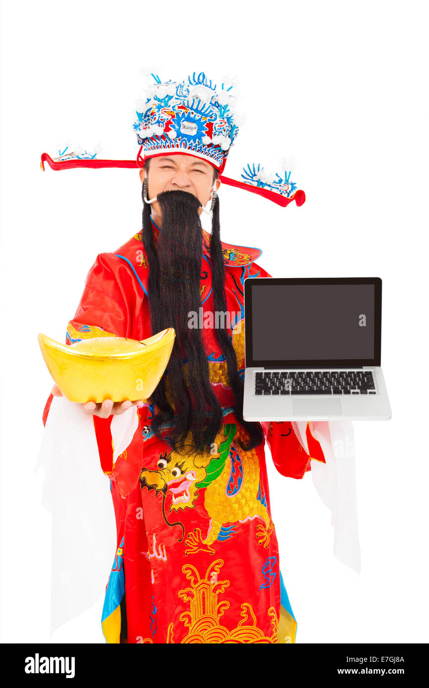866x1390  Бог богатства, держащий ноутбук и золотой слиток на белом фоне stock photo - alamy