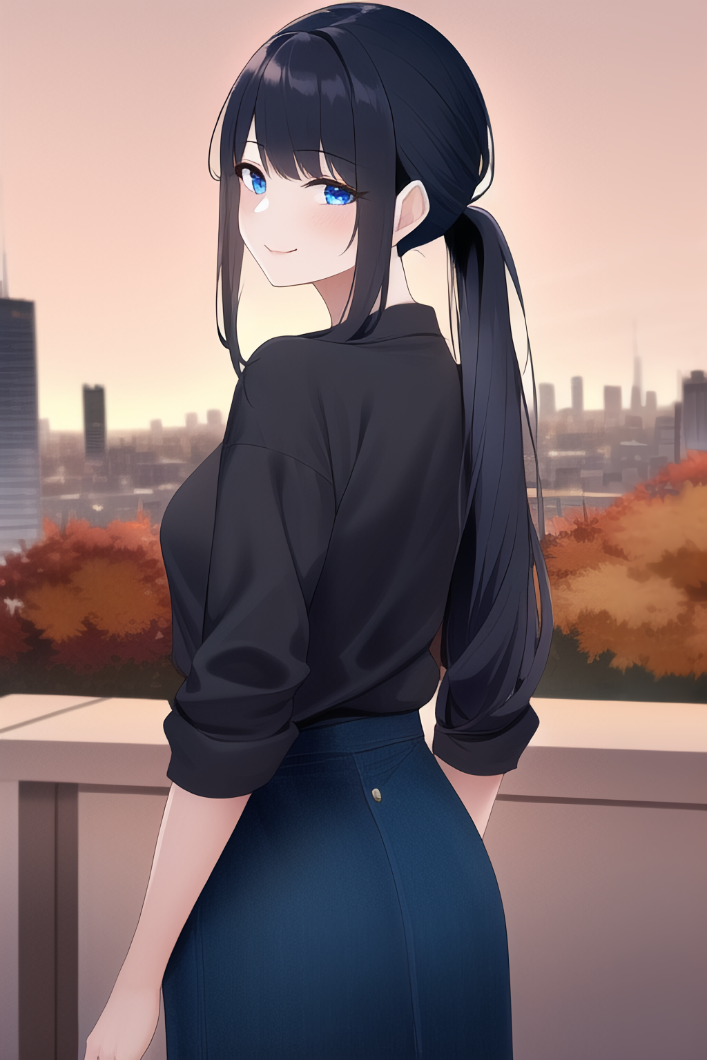 1024x1536  AI ANIME Girls Black Hair Hair Haintail Haintail Оглядываясь назад, глядя на обои зрителя CityScap