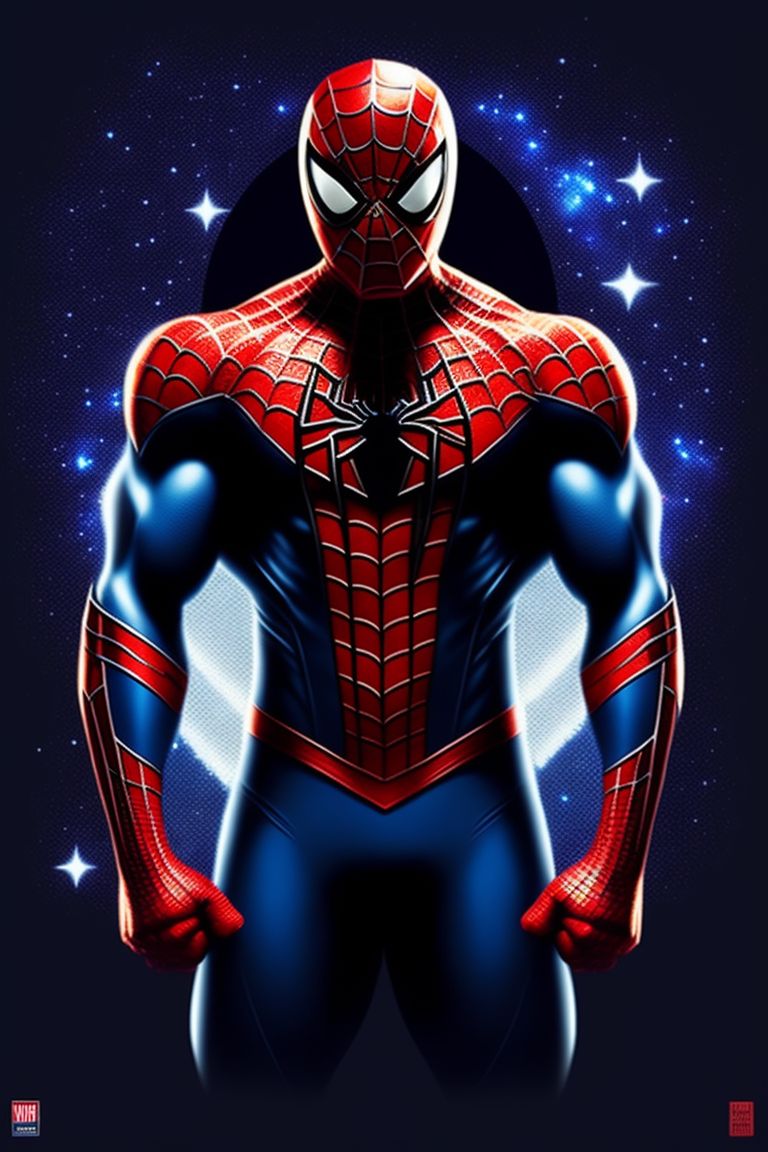 768x1152  Фран-Рамос-Д.Ф.: Человек-паук мотивационный героический. Галактика и звезды на заднем плане. Пиксельное искусство. Вдумчивая поза, сложенные руки. Мускулистый