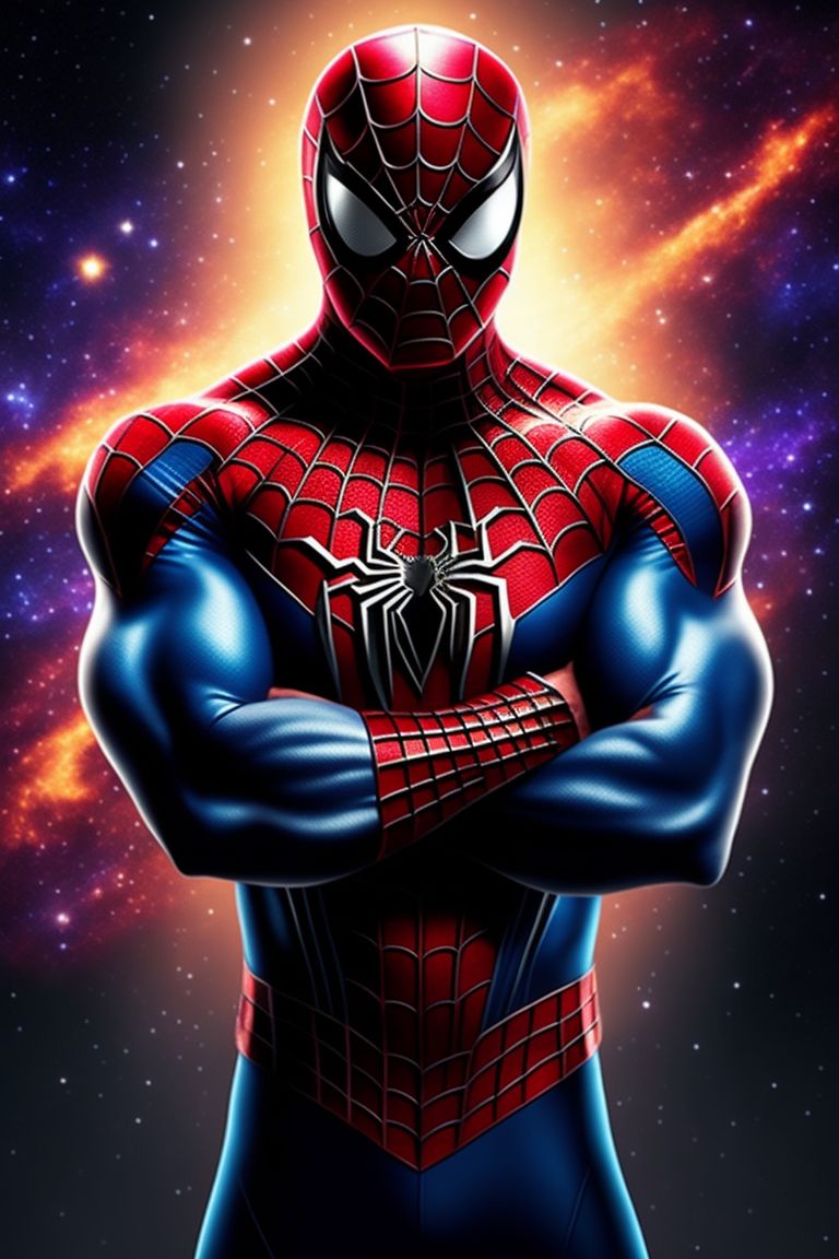 768x1152  Фран-Рамос-Д.Ф.: Человек-паук мотивационный героический. Галактика и звезды на заднем плане. Пиксельное искусство. Вдумчивая поза, сложенные руки. Мускулистый