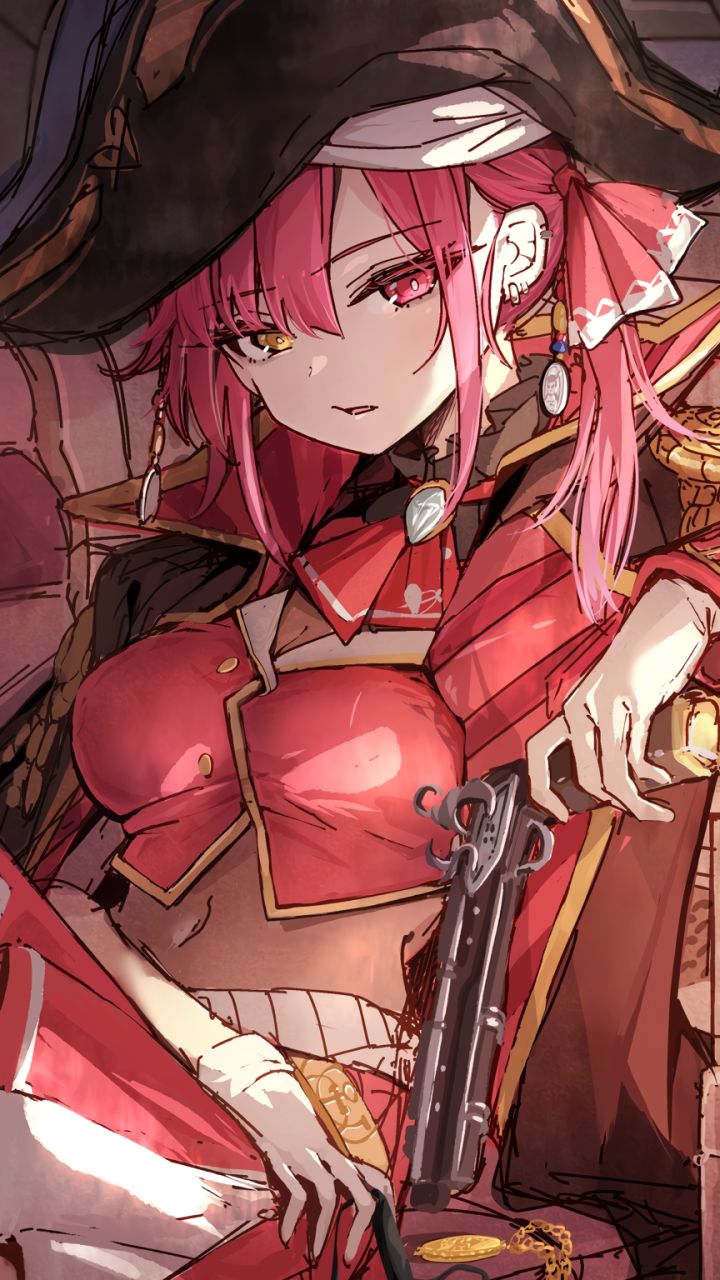 720x1280  Мобильные обои: аниме, гетерохромия, розовые волосы, пират, виртуальный YouTuber, HoloLive, Houshou Marine, 1391142 Скачать картинку бесплатно.