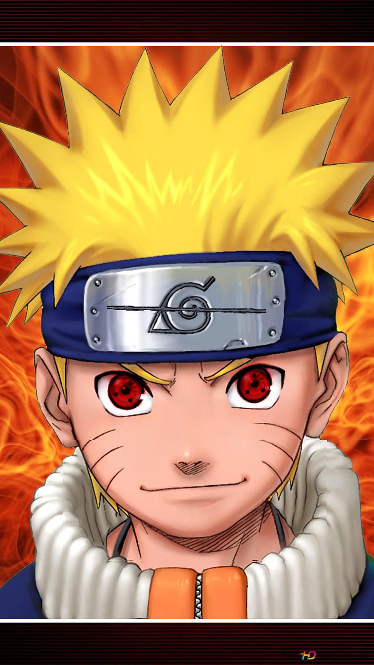 750x1334  Аниме-персонаж Наруто со светлыми волосами, красными глазами и сине-белым костюмом на фоне огня 2K обои скачать