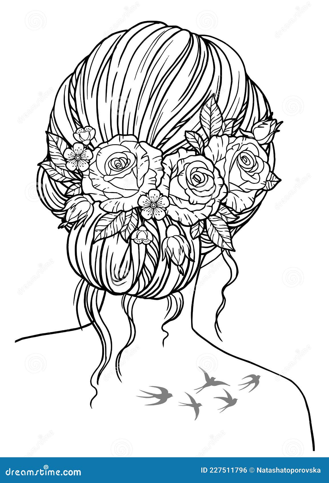 1152x1690  раскраска для взрослых. девушка с прической, заплетенной в волосах роз.  векторное изображение черного контура Иллюстрация вектора - иллюстрации  насчитывающей волосы, график: 227511796
