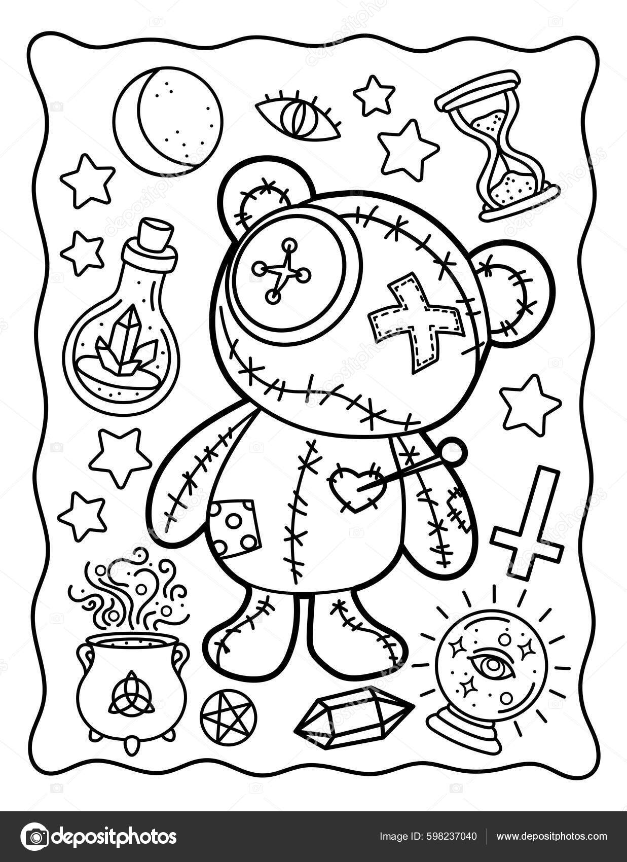 1237x1700  Раскрашиваю Раскраска Детей Медведь Игрушка Вуду Хэллоуин Раскраска  Взрослых Черно Векторное изображение ©meine.illustrations 598237040