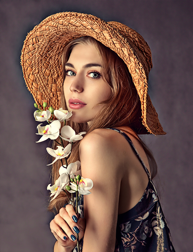 784x1024  Обои для рабочего стола Красивые лица шляпе орхидея Девушки смотрит