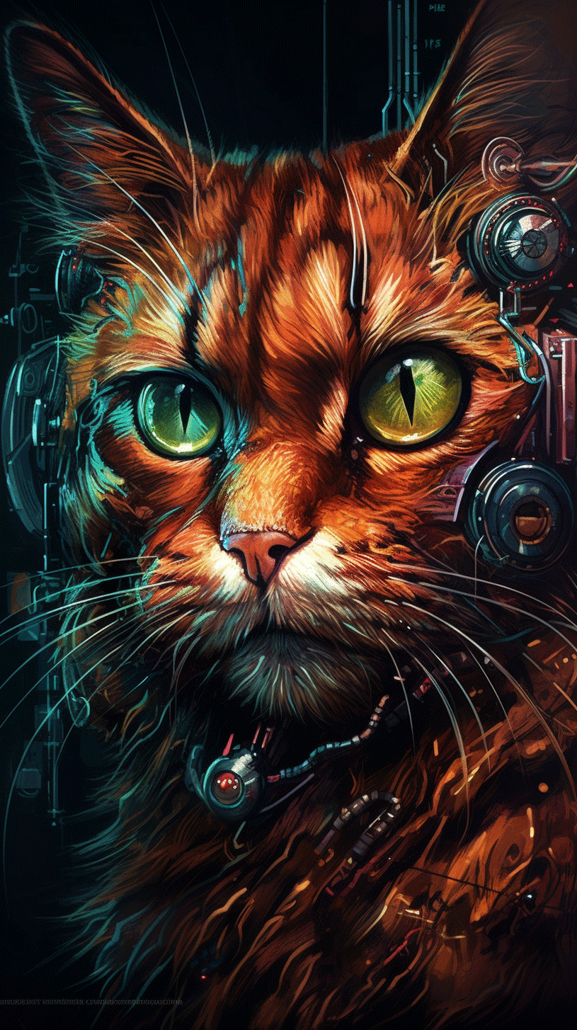 815x1455  Ярко-рыжий красавец Кот в стиле Киберпанк на заставку - Обои на телефон |  Нейронный Арт | Дзен
