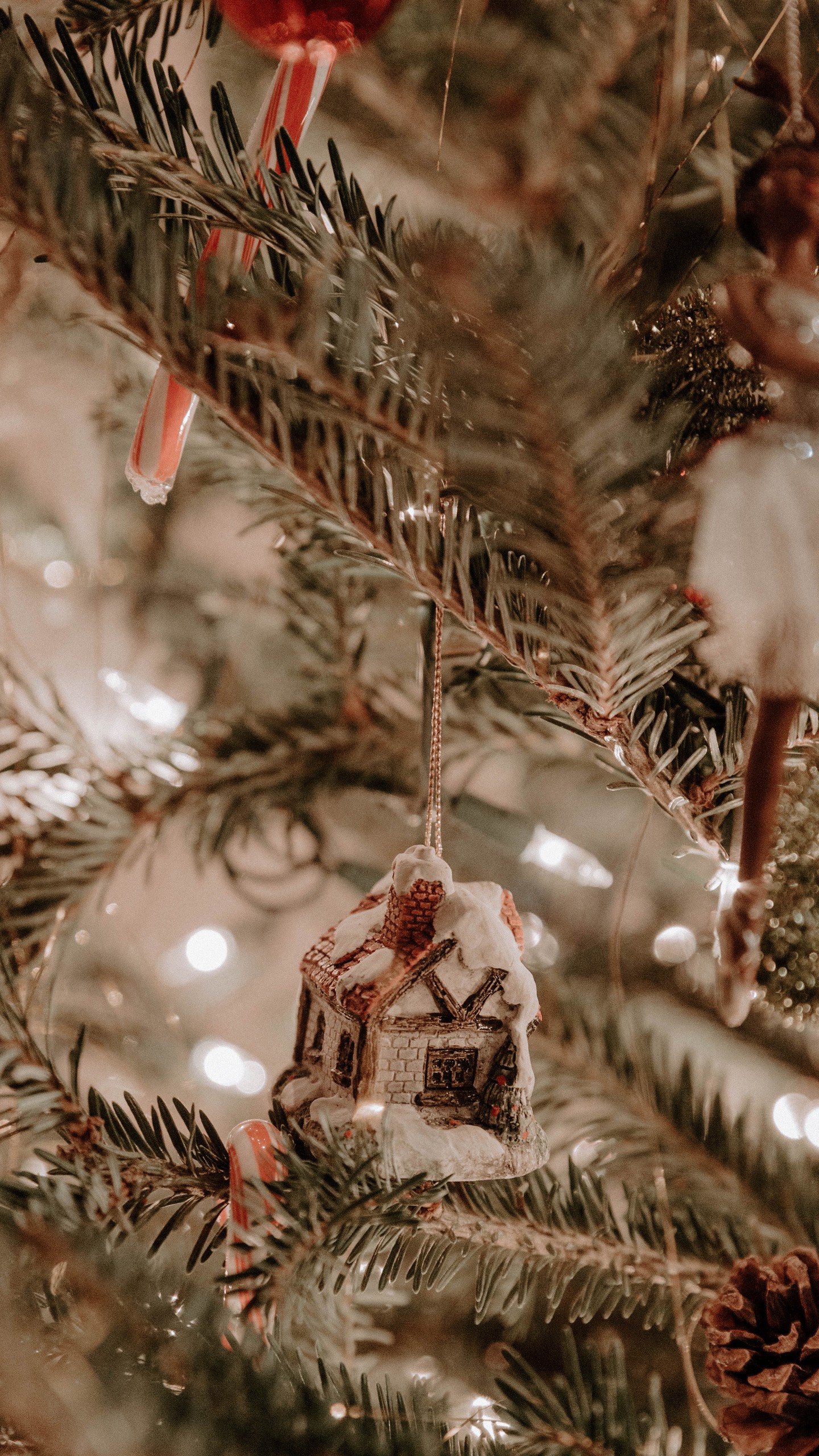 1440x2560  Обои на телефон елка, украшения, домик, гирлянды, новый год, рождество -  скачать бесплатно в высоком качестве из категории \"Праздники\"