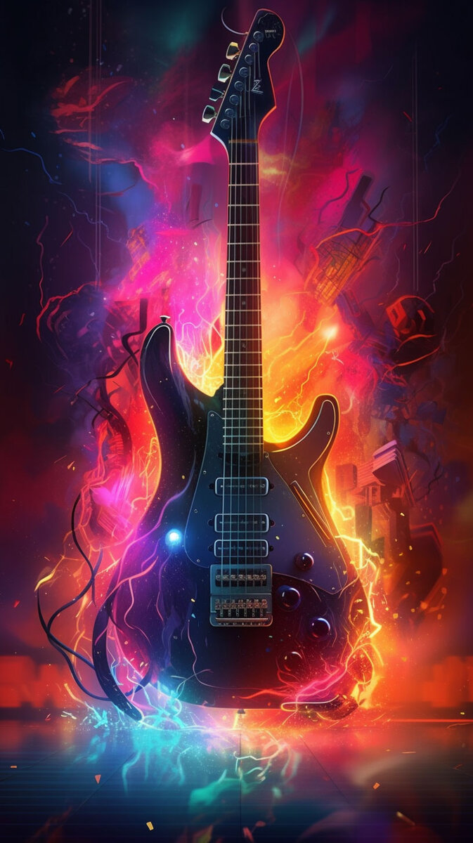 673x1200  Электрогитара в огненном спектре - Киберпанк - Яркие цвета - Бесплатные обои  на телефон | Нейронный Арт | Дзен